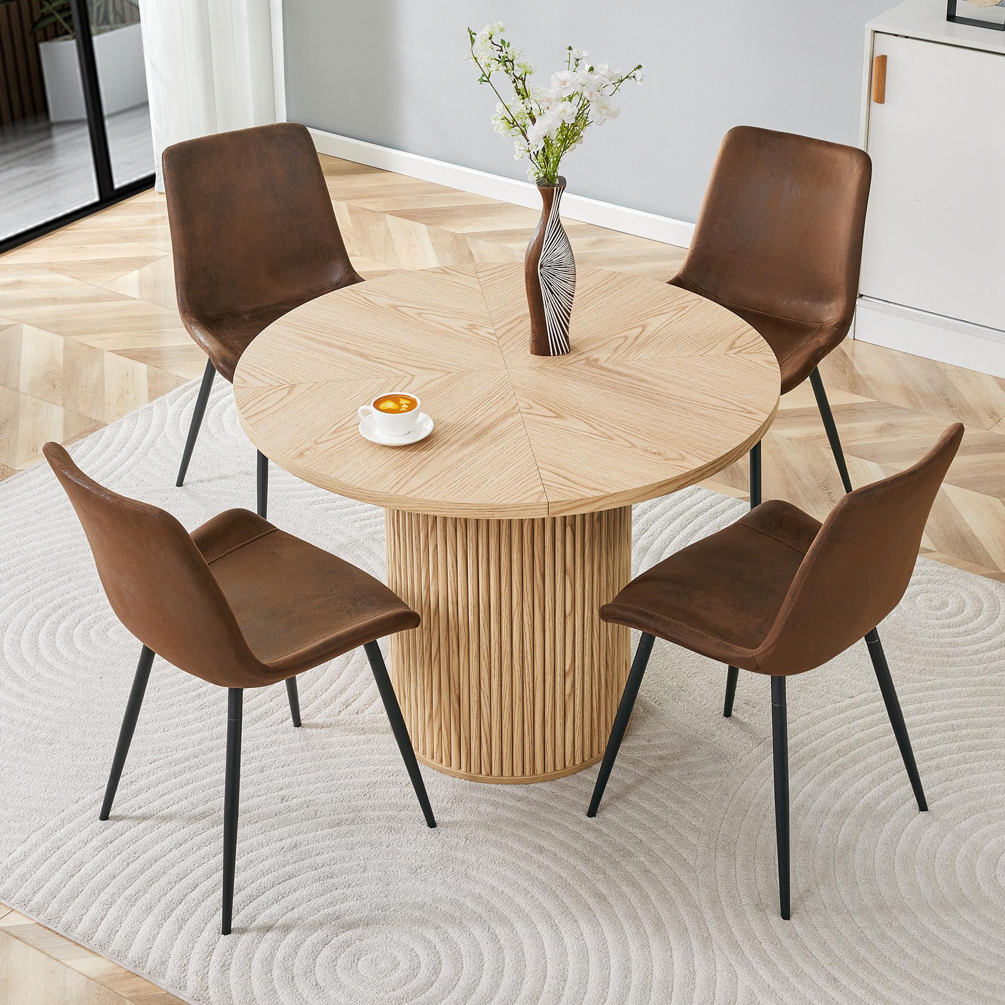 SUCCESS COURIER Essgruppe 5-teilig Rund Ø 100cm Esstisch in Holzoptik & 4 Polsterstühle aus Tech-Fabric, platzsparende Sitzgruppe für Esszimmer & Küche, moderne Speisegruppe