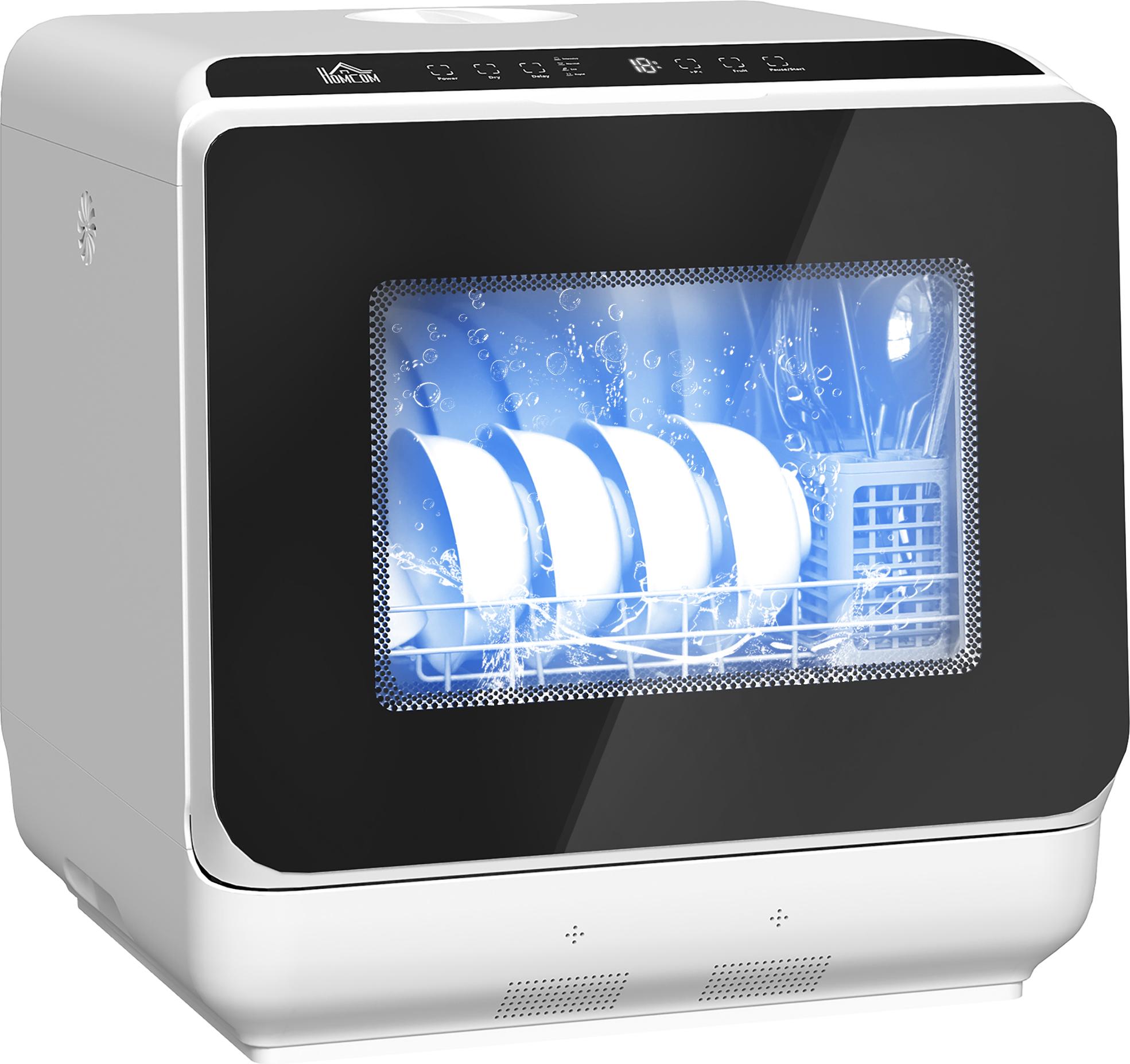 HOMCOM Stolová umývačka riadu-plast, tvrdené sklo-45L x 44W x 45,8H cm-biela