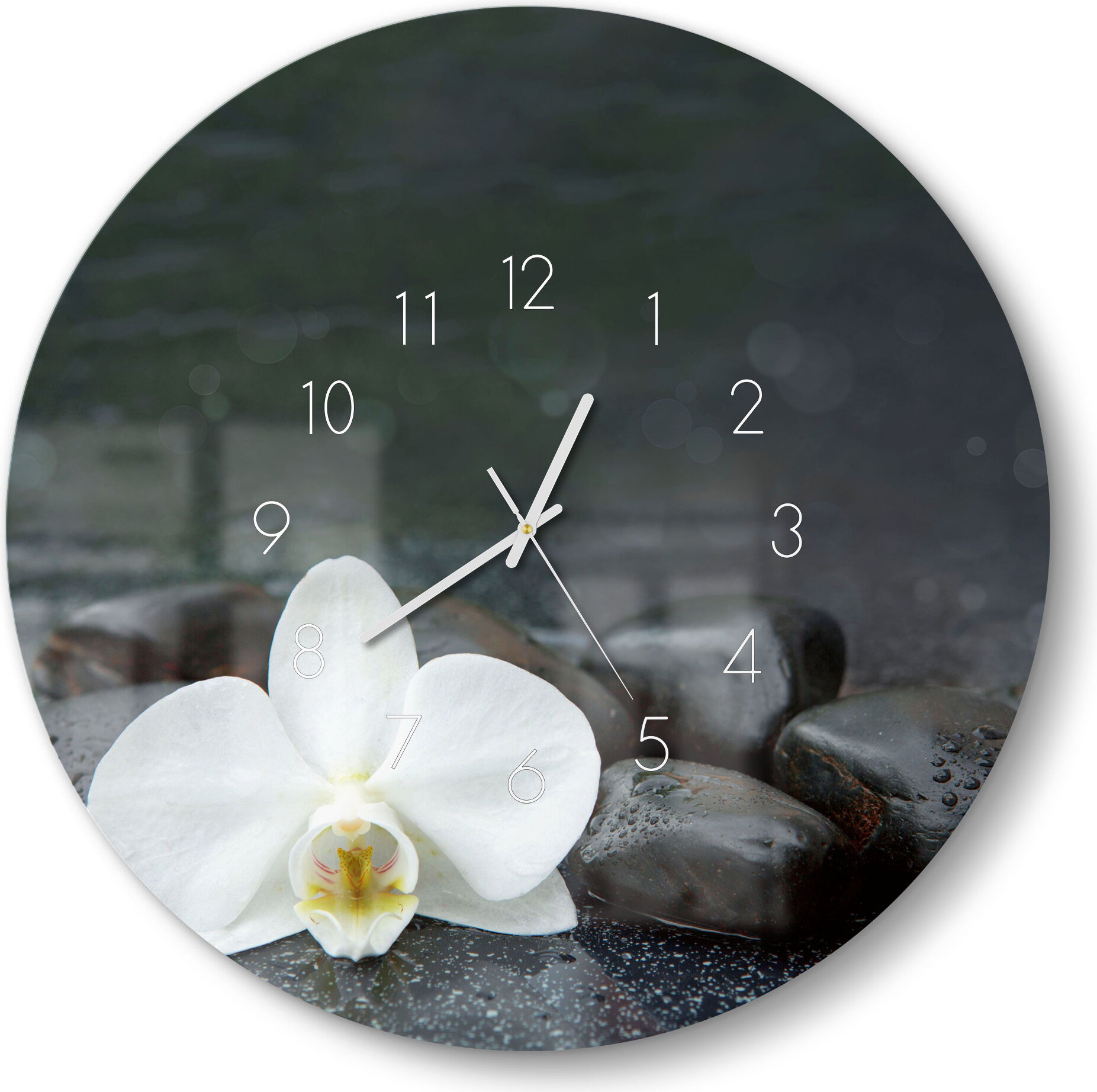 DEQORI Glasuhr Ø50 cm Zahlen 'Kontrastreiches Zen-Motiv' Wanduhr Glas Uhr Design leise WC-D50-N-1950