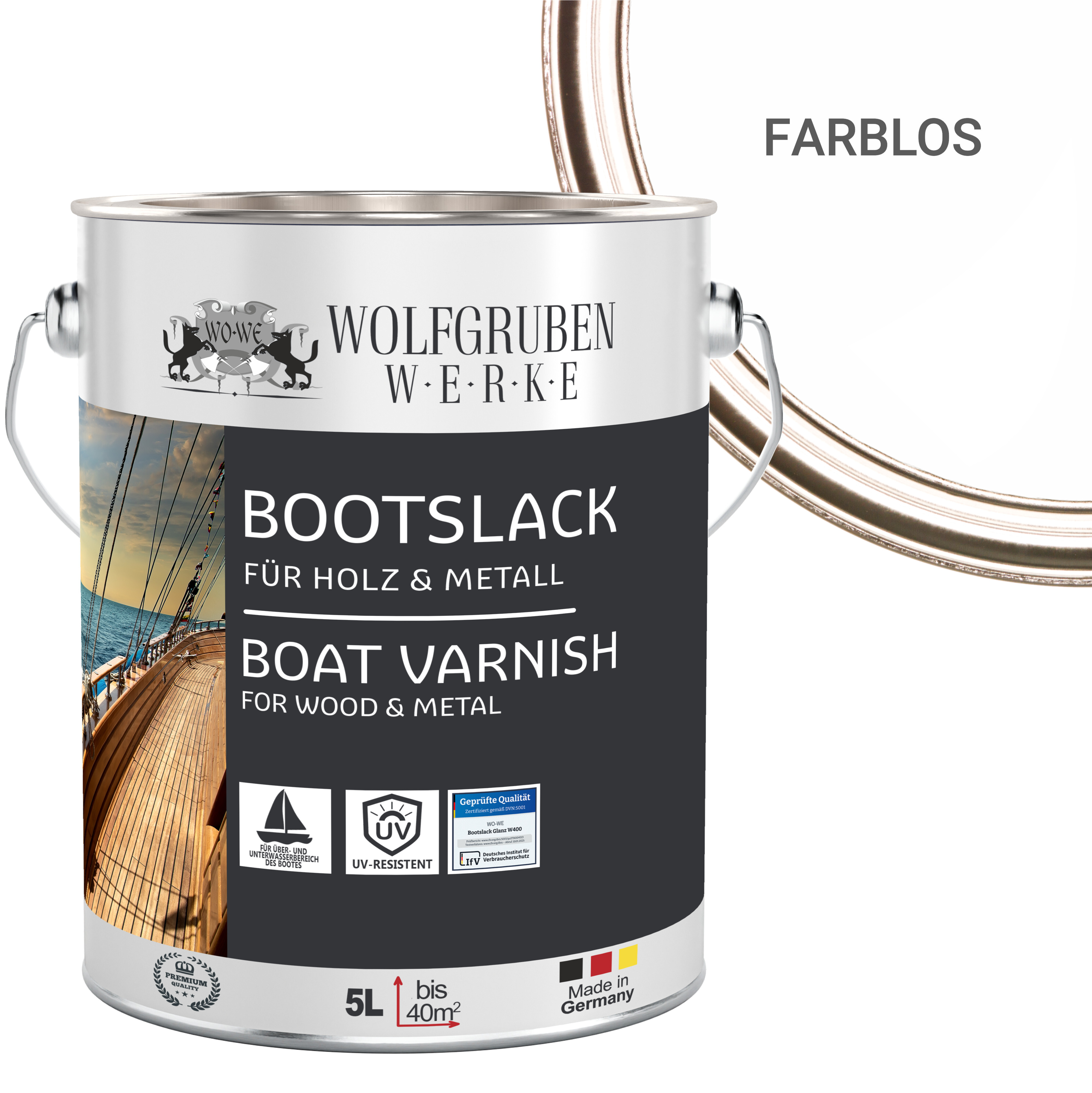 WO-WE Bootslack Parkettlack Schiffslack für Holz Boot Schiff W400 Matt Farblos - 5L