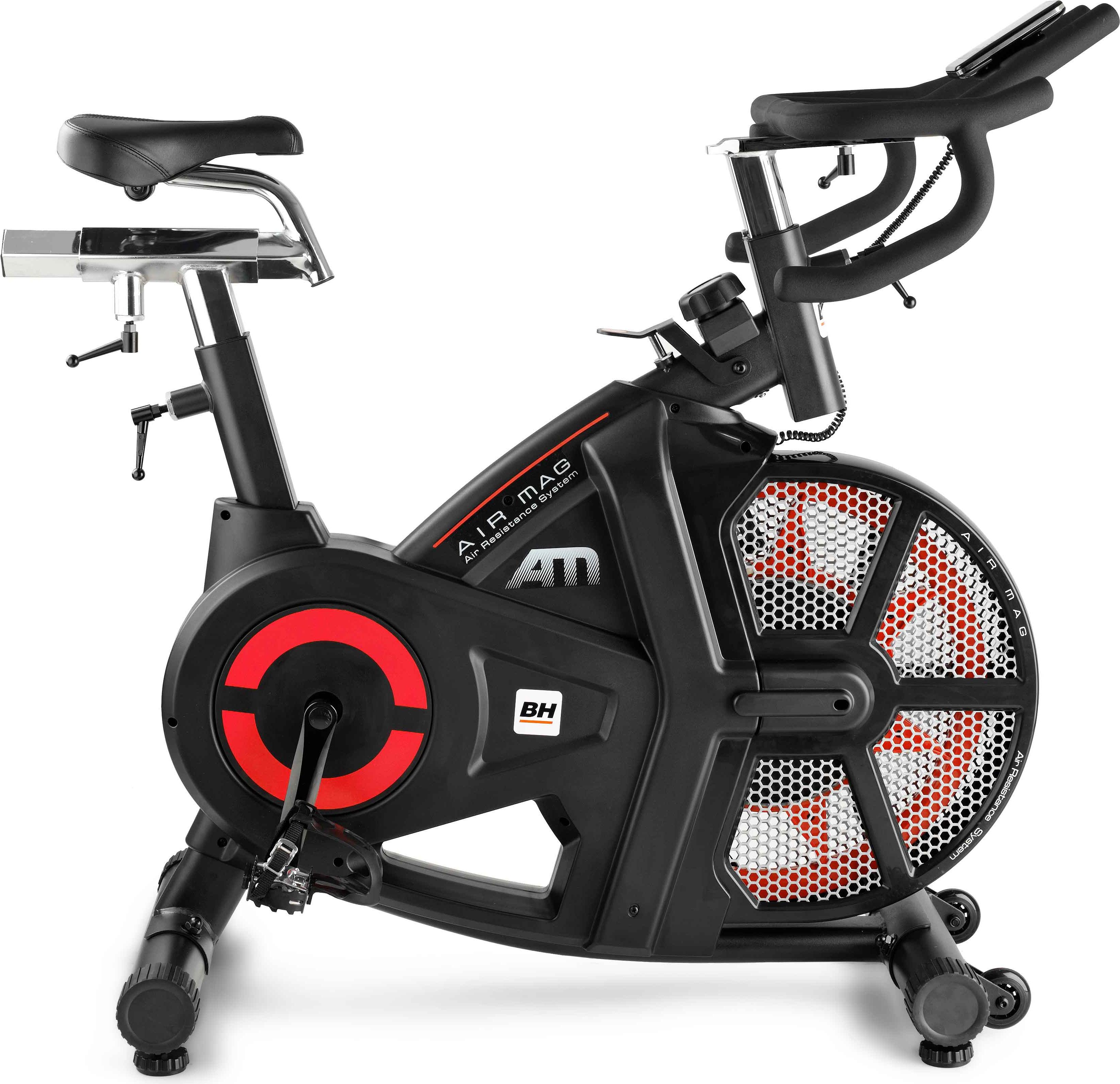 BH Fitness Air Mag manual, Stacionárny bicykel, Magnetické, 150 kg, klinový remeň, Kalórie, Vzdialenosť, Otáčok za minútu (RPM), Rýchlosť, Čas, Zvislý / vodorovný