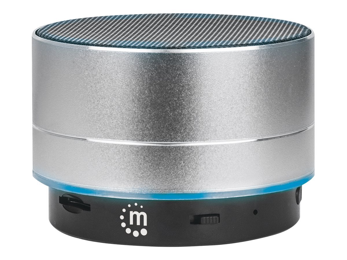 Reproduktor Manhattan Metallic Bluetooth (výpredajová cena), odolný voči striekajúcej vode, dosah 10 m, čítačka kariet microSD, konektor Aux 3,5 mm, nabíjací kábel USB-A v balení (nabíjanie 5 V)