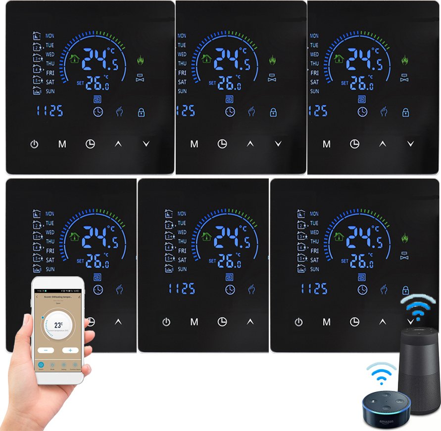 6X WiFi Smart Thermostat 3A izbový termostat Vodné ohrievače Podlahové kúrenie, dotykový displej, ovládanie cez APP, kompatibilný s Google Home/Alexa