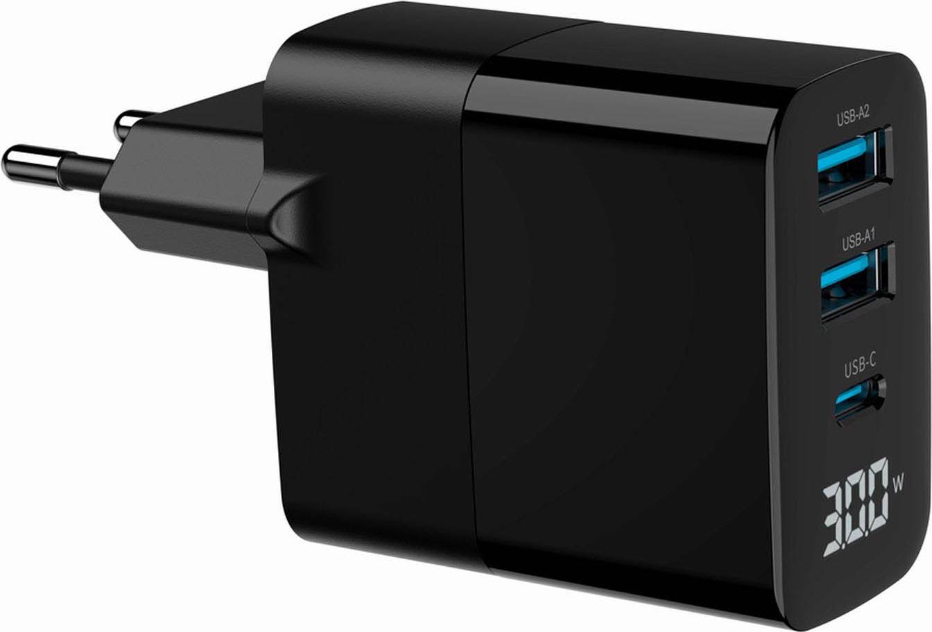 Gembird 3-Port USB GaN Schnellladegerät C + A 30W TA-UC-PDQC30LCD-BK-02