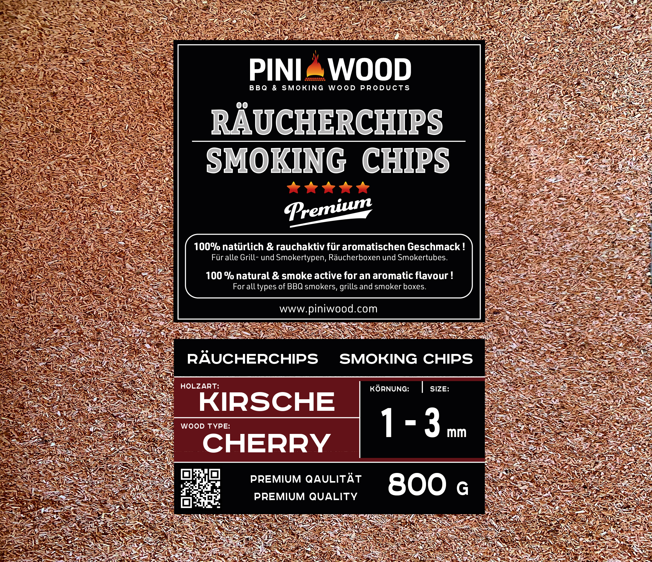 PINI Räucherchips Kirsche 800 G – 6–12 Mm, 100 % Naturbelassen, Mild-süßliches Aroma – Für Gas-, Elektro- & Holzkohlegrills