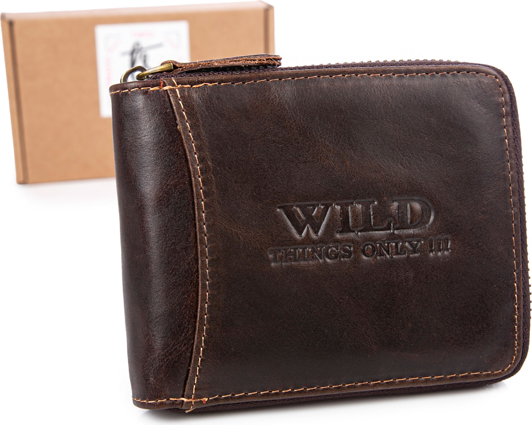 Wild Things Only WILD Herren-Geldbörse, klassisches Design, Echtes Leder, rundum Reißverschluss, RFID-Schutz, Dunkelbraun