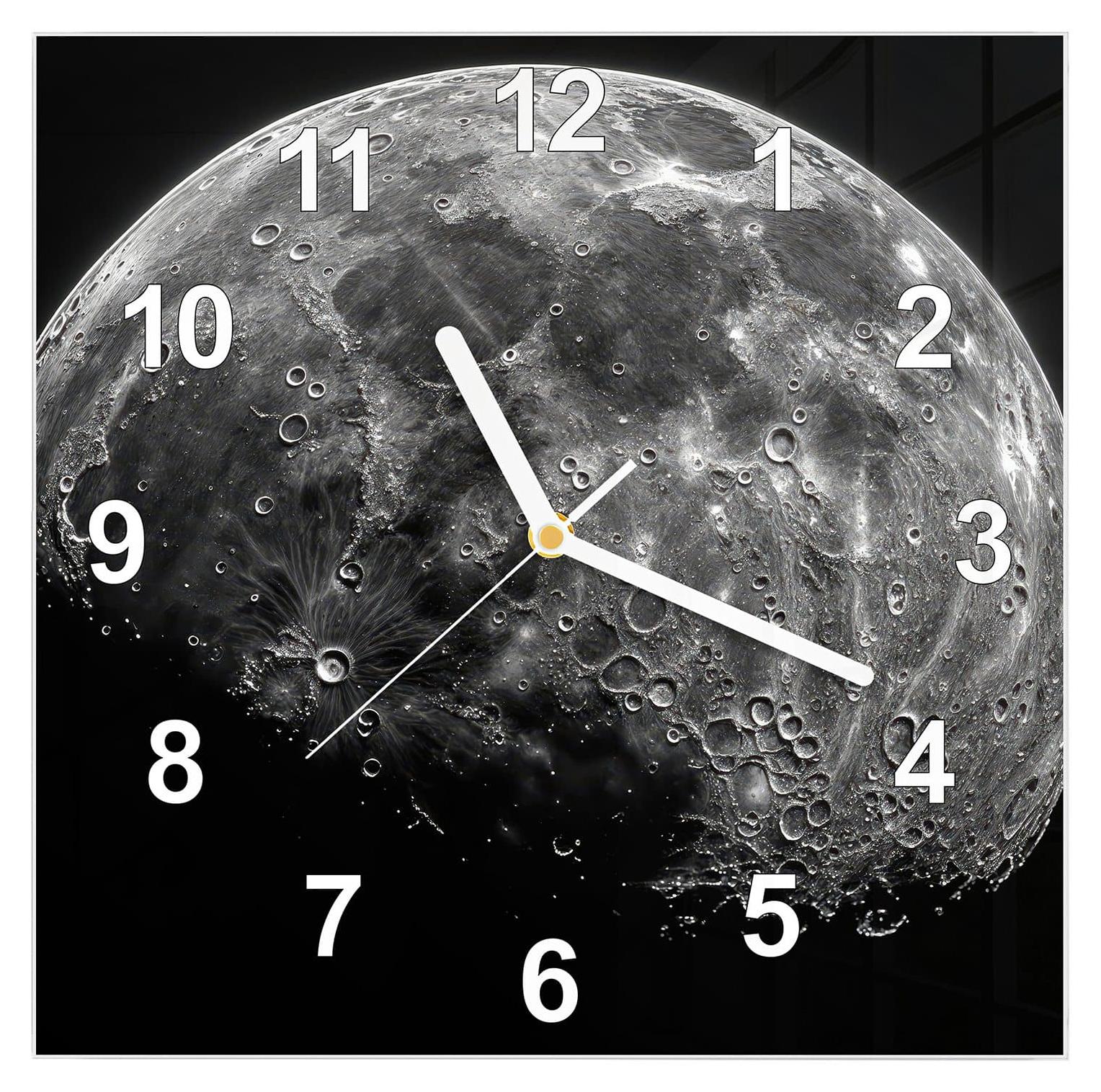 Primedeco Wanduhr aus Glas mit Motiv Mondkrater Close-up- 30 x 30 cm - inkl. Aufhängesystem
