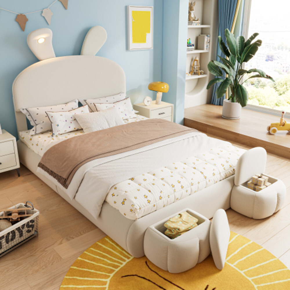 Xdovet Kinderbett, Polsterbett,hydraulisches Bett, Hasenohren mit einstellbarer Helligkeit warmfarbenen Lichtstreifen, Stauraum unter dem Bett,140x200cm