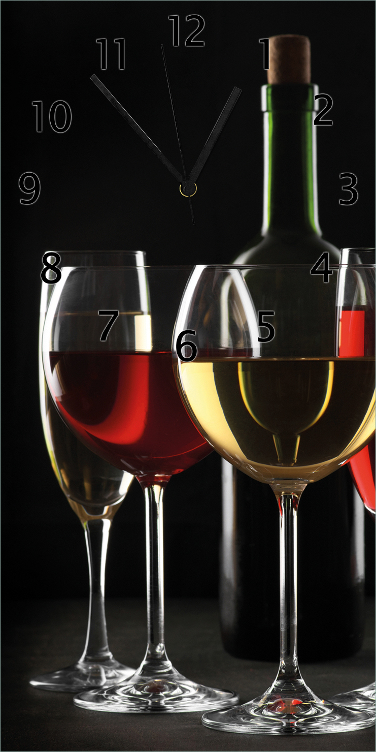 Wallario Design Wanduhr Weinverkostung am Abend aus Echtglas, Größe 30 x 60 cm gugs5112-3060