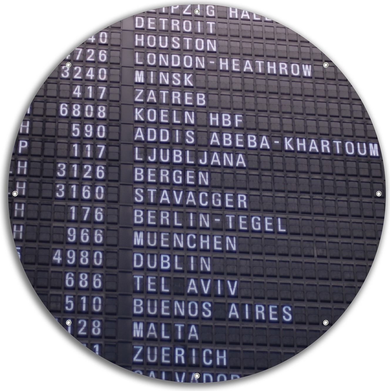 Wallario rundes Outdoor-Poster für Garten oder Balkon, Motiv Flughafen Abflugtafel, 60 cm Durchmesser ruban0065-6060