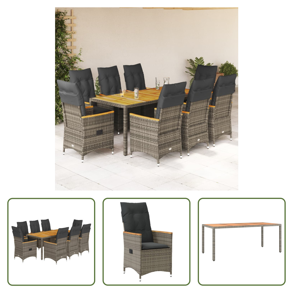 The Living Store 9-dielny záhradný jedálenský set s vankúšmi sivý polyratan