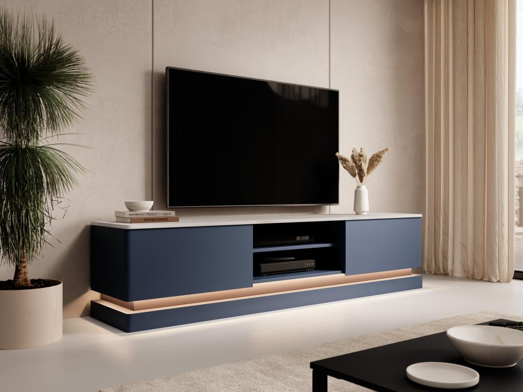 TV-Möbel mit 2 Schubladen & 2 Ablagefächer + LED-Beleuchtung - MDF - Blau & Marmor-Optik Weiß - DEVIKA von Pascal MORABITO
