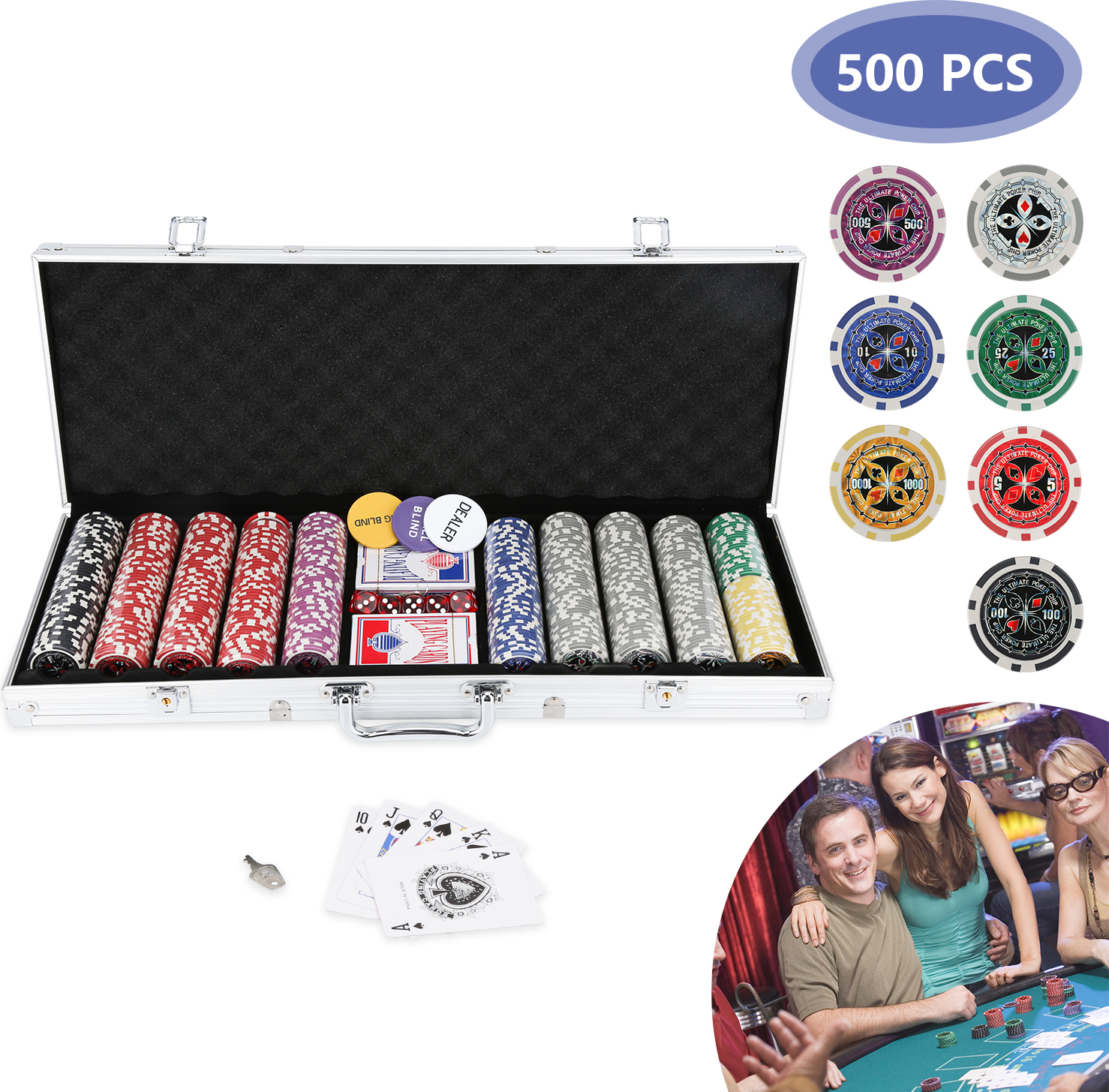 karpal Pokerchips Pokerkoffer Pokerset Marke Zubehoer 500 Chips 5x Wuerfel Poker RL-6523-1-JMb