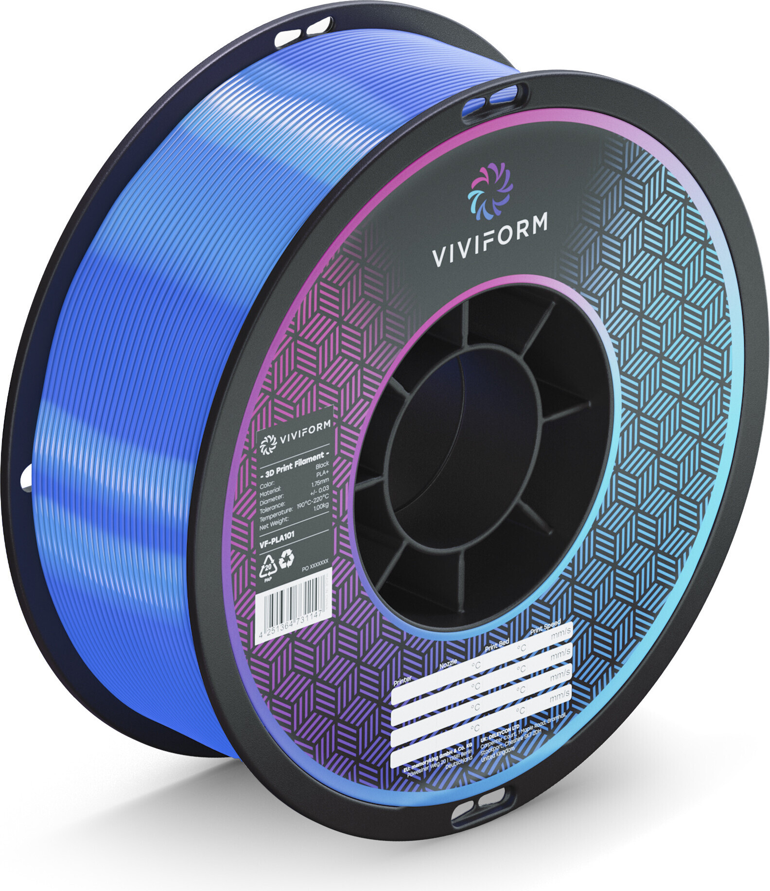 viviform.com Viviform silk PLA Filament für 3D Drucker, 1kg Rolle, Durchmesser 1,75mm +/- 0,03mm, Blau VF-PLA411