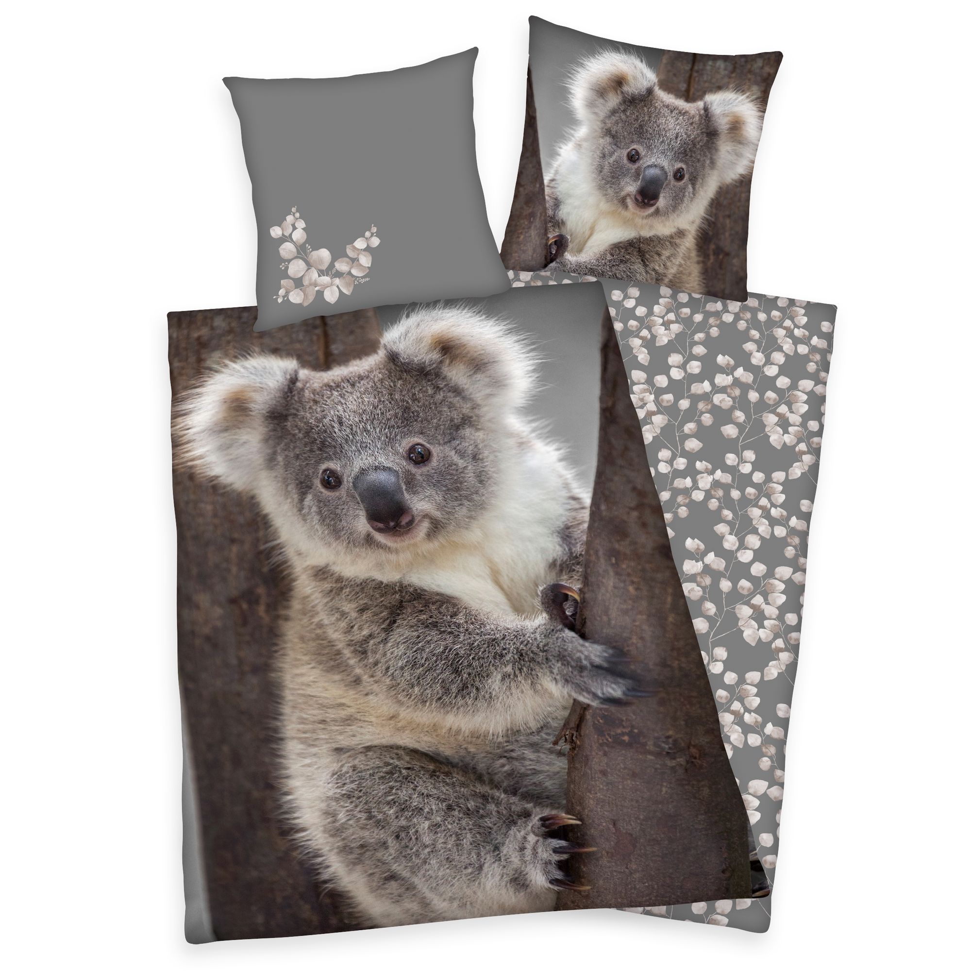 Kinder Bettwäsche-Set 2 tlg 135x200 Bettbezug 100%Baumwolle Weiß Grau Blau Koala 