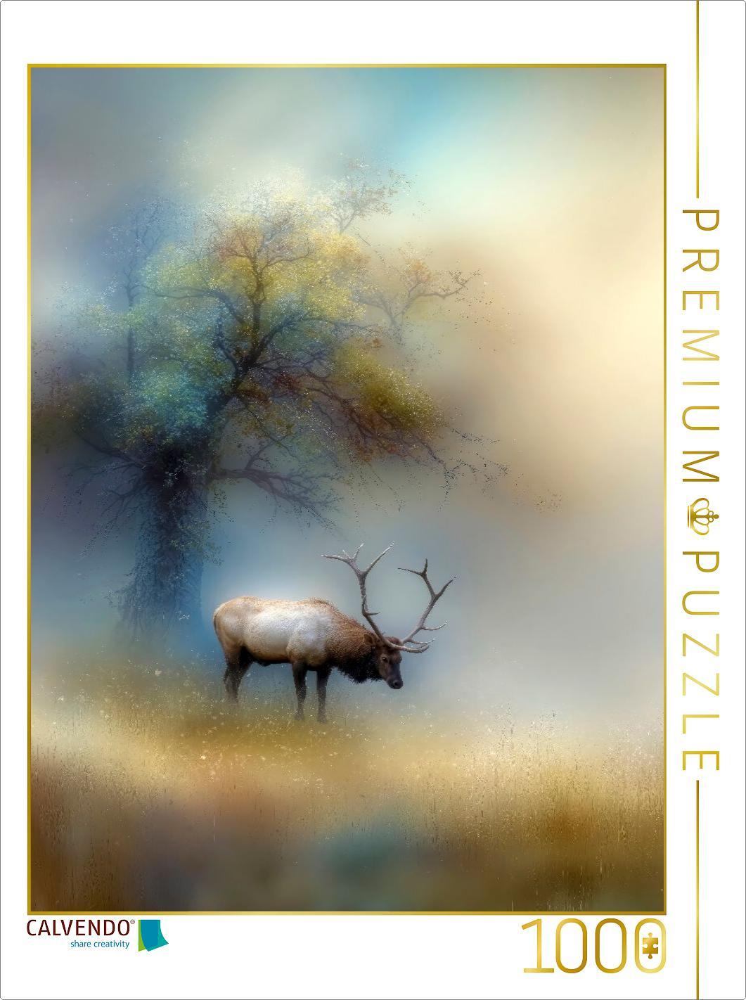 CALVENDO Puzzle Der Hirsch - der König des Waldes verharrt leise im Nebel | 1000 Teile Lege-Größe 64x48cm Foto-Puzzle für glückliche Stunden