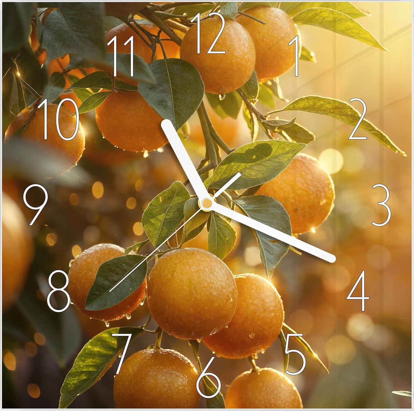 Primedeco Wanduhr aus Glas mit Motiv Sonnengeflutete Orangen- 30 x 30 cm - inkl. Aufhängesystem