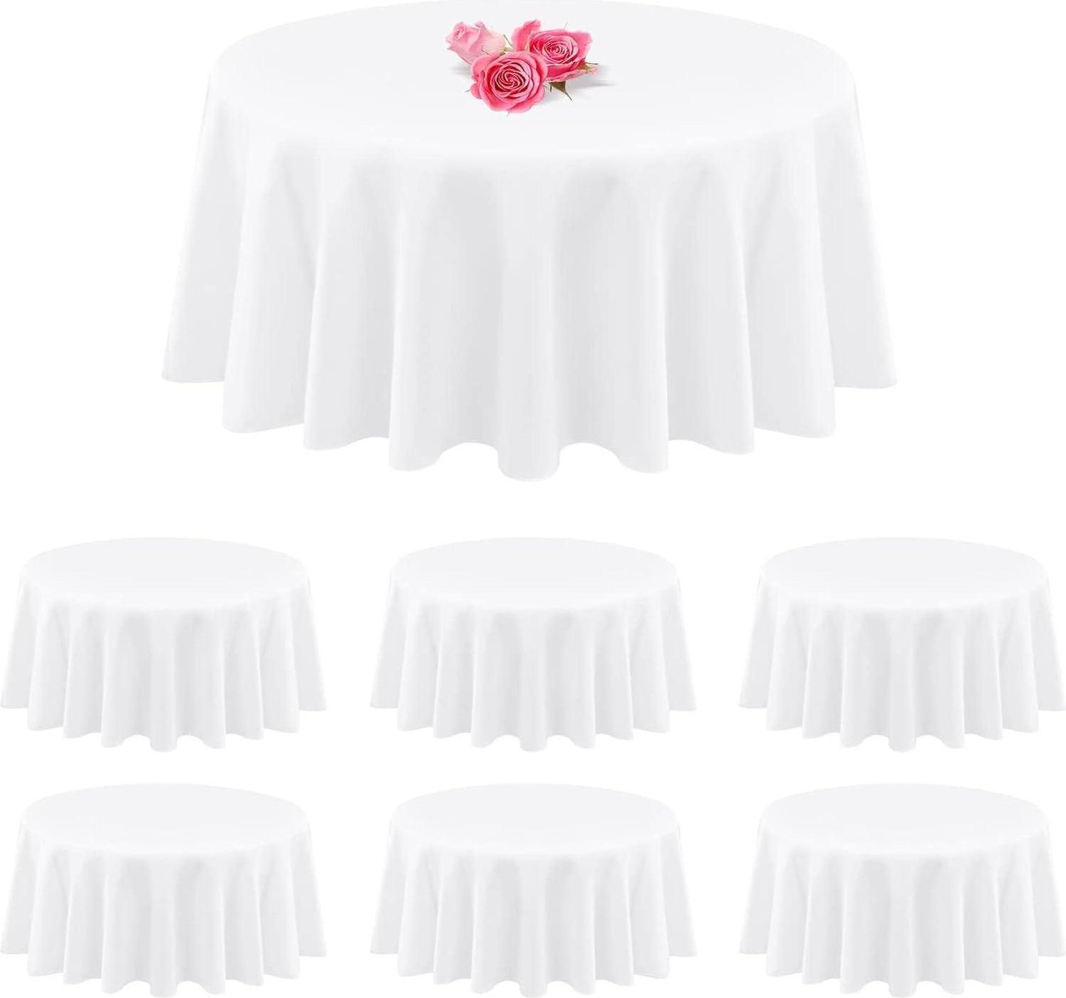 BESTVIP 6 Stück Weiße Runde Tischdecken Aus Polyester (228 Cm) – Waschbar, Elastischer Bund, Für Hochzeit, Party, Bankett & Esszimmer