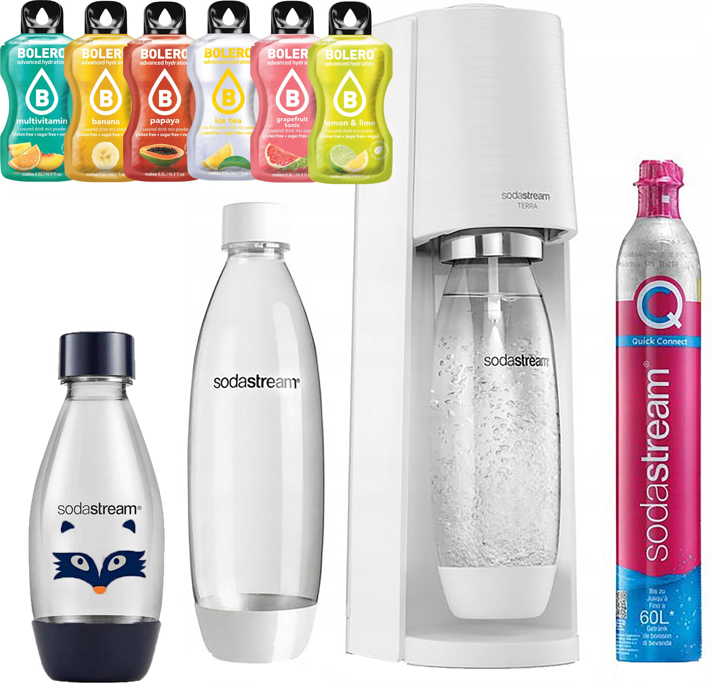 SODASTREAM TERRA saturator WHITE + 1-litrová fľaša s poistkou + 0,5-litrová fľaša + 6x Bolera