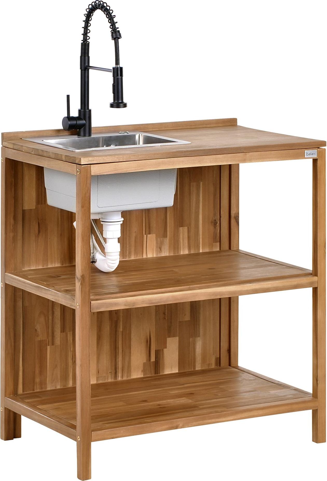 BELIANI Vonkajší kuchynský ostrovček s drezom a batériou hnedá a čierna akáciové drevo 50 x 80 x 90 cm záhradná letná kuchyňa