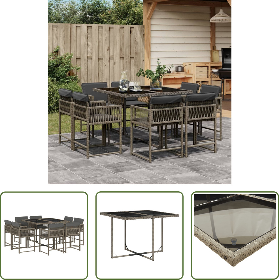 The Living Store 9-dielny záhradný jedálenský set s vankúšmi sivý polyratan