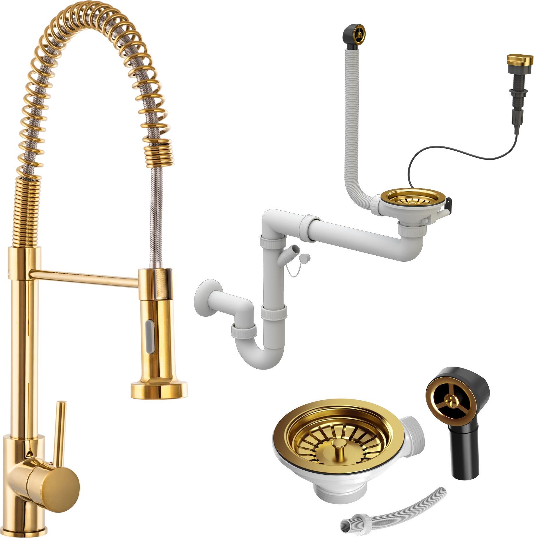 GRANITAN Goldspirale Küchenarmatur + Gold Auto Siphon SPIRAL GOLD