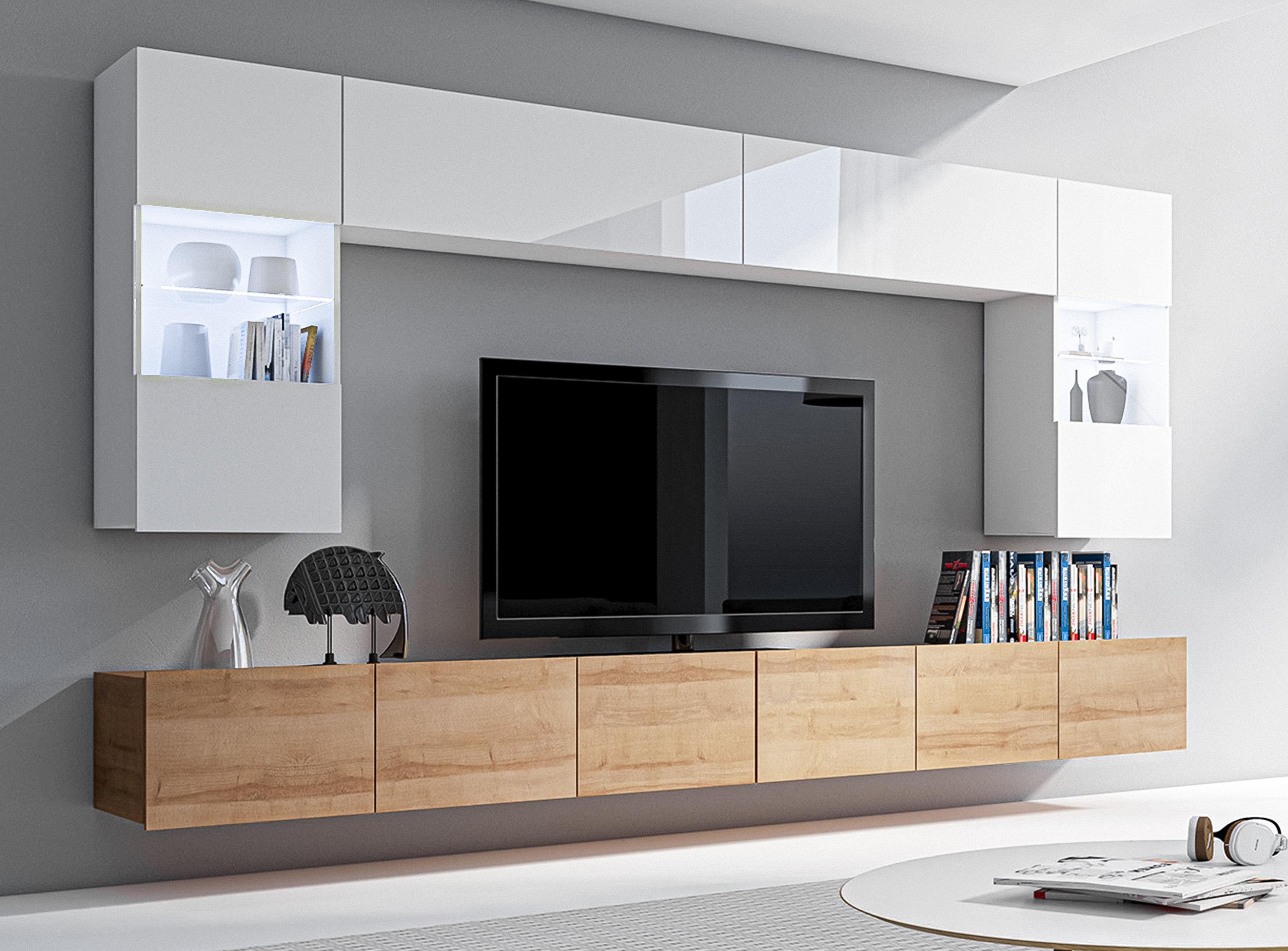 AX LIVING Wohnwand Modern Kossana 1 –300cm Breite Weiß/Goldene Eiche N1704