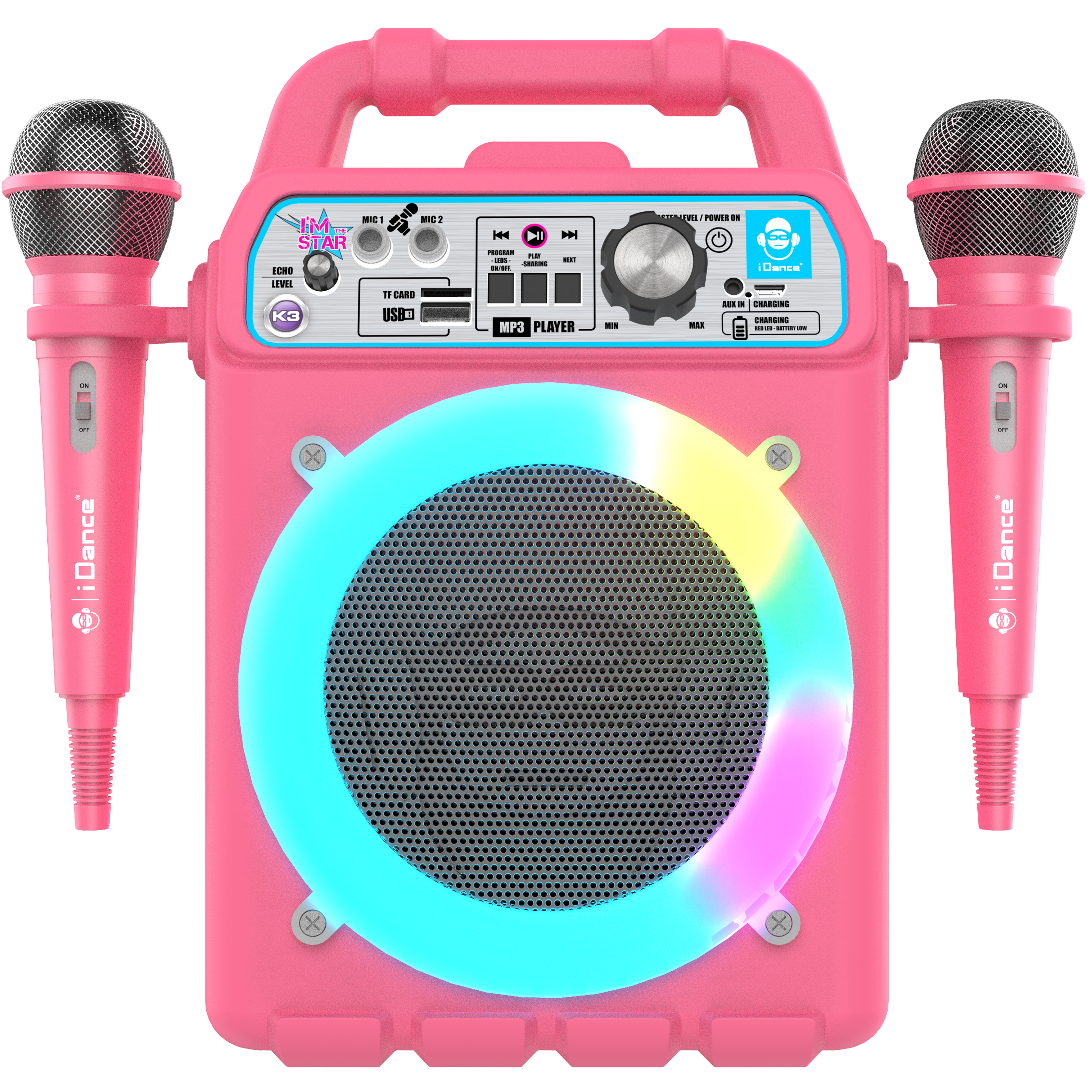iDance K3V2 Karaoke Set - Bluetooth párty reproduktor s disko svetlom - 2 mikrofóny v balení - ružový