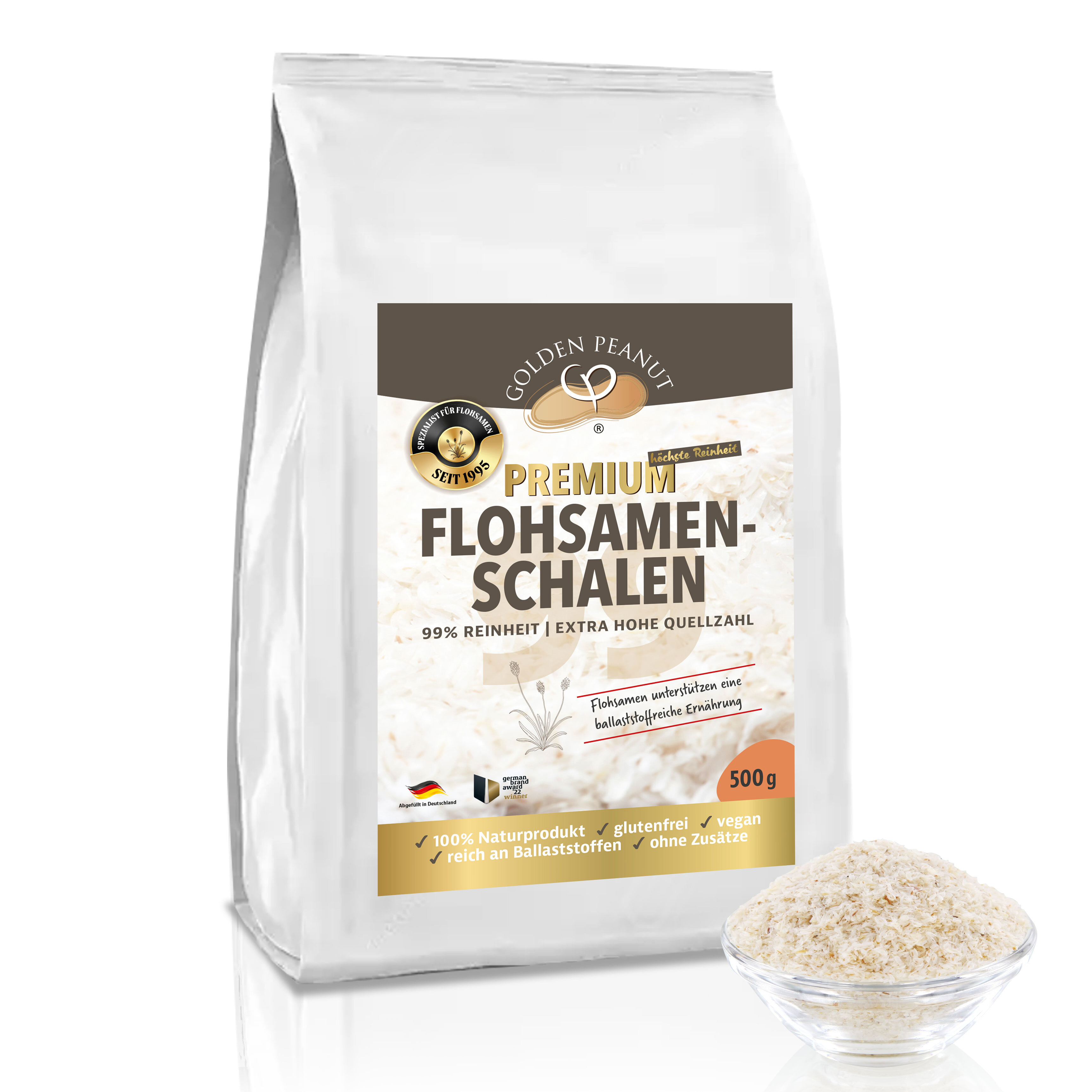 GOLDEN PEANUT Flohsamenschalen 500 g - 99% Reinheit, höchste Quellzahl, ballaststoffreich, vegan 11006-02