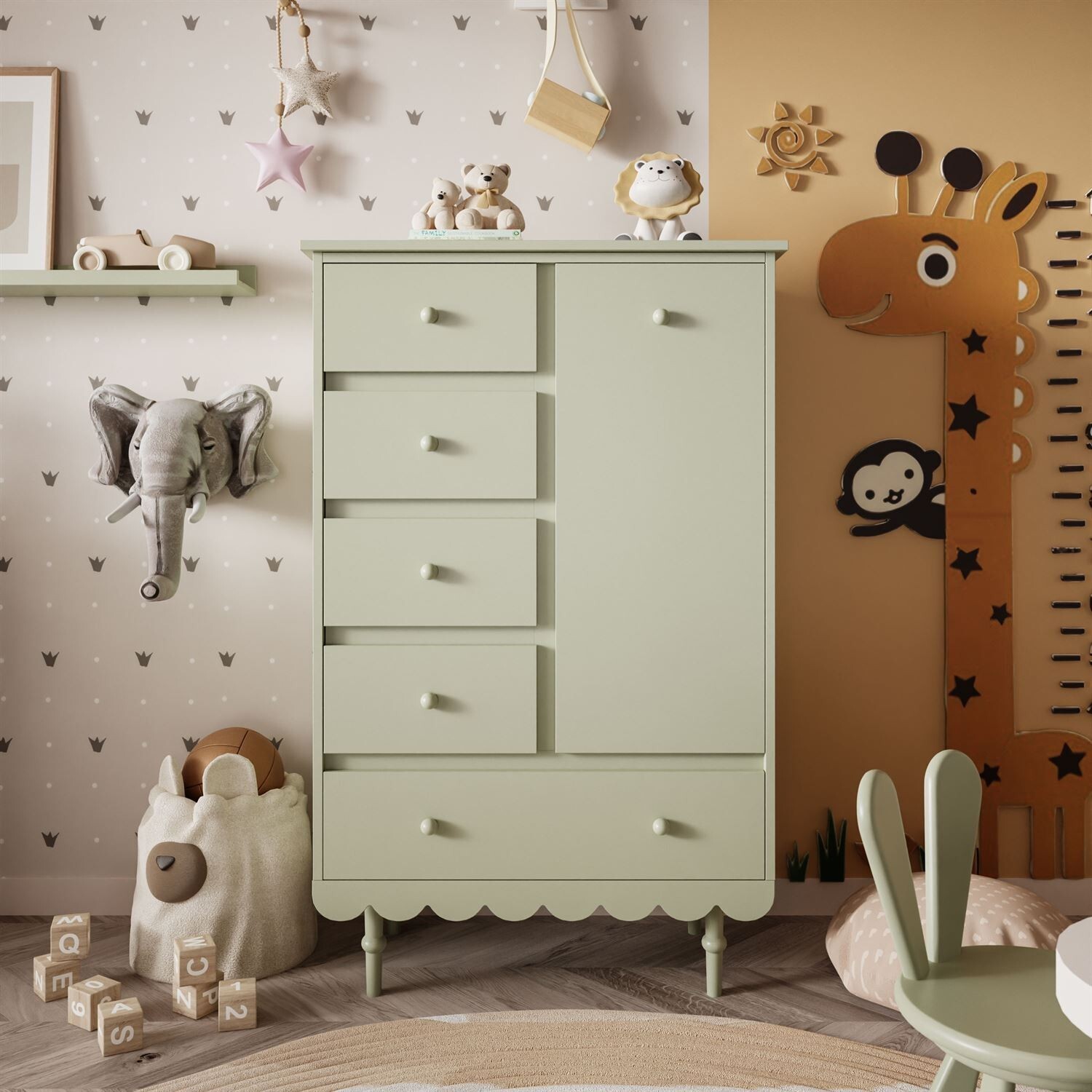 Lookway Hohe Kommode mit Schubladen BABUSHKA, olivgrün WOD00005