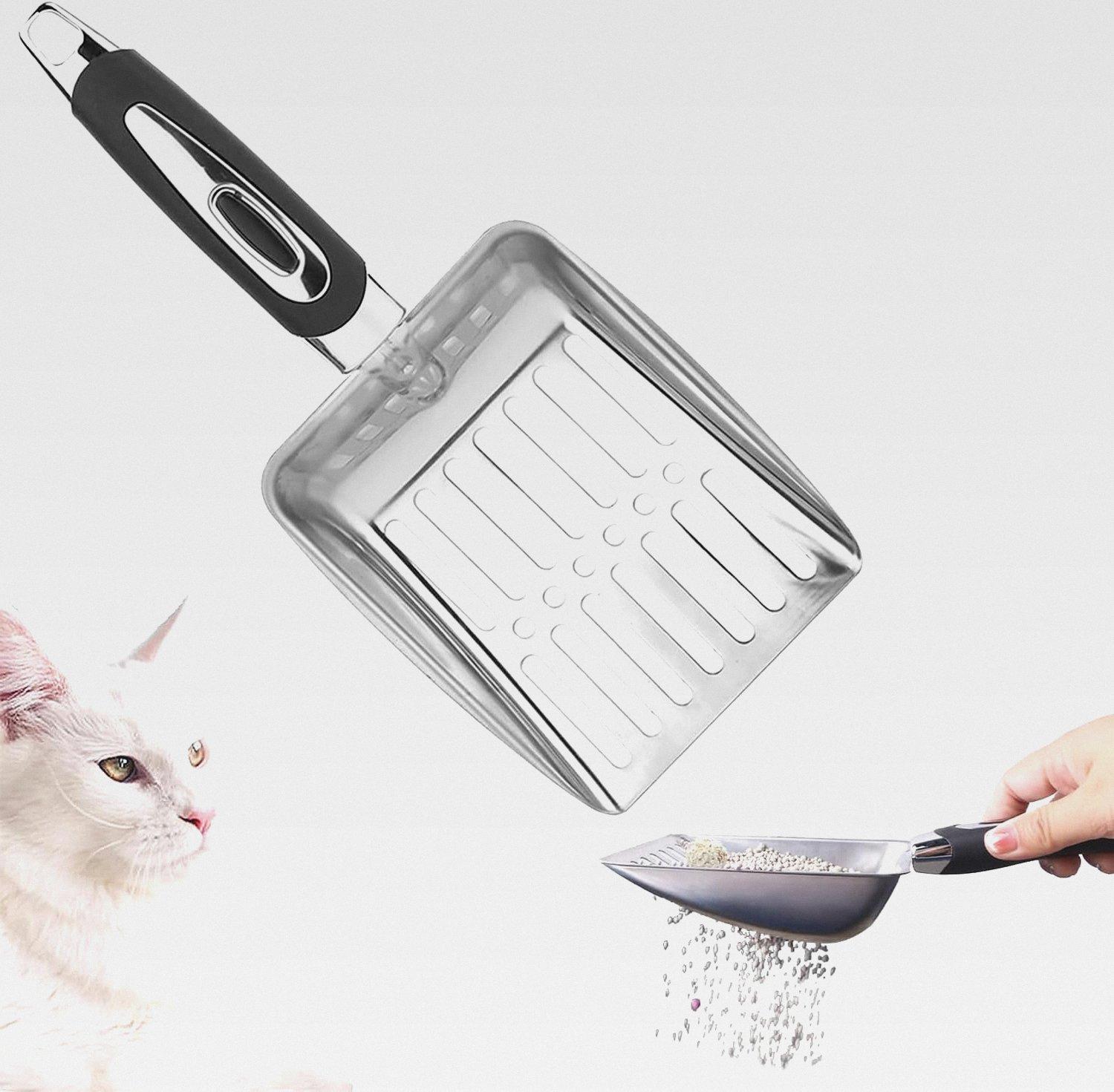 Markenlos Katzenstreuschaufel, Katzenstreu-Schaufel aus Edelstahl, Katzenschaufel Katzenklo, Schnell Gesiebtes KatzenstreuSchaufel Katzenklo für Katzentoilette, Katzen, Hund - Schwarz