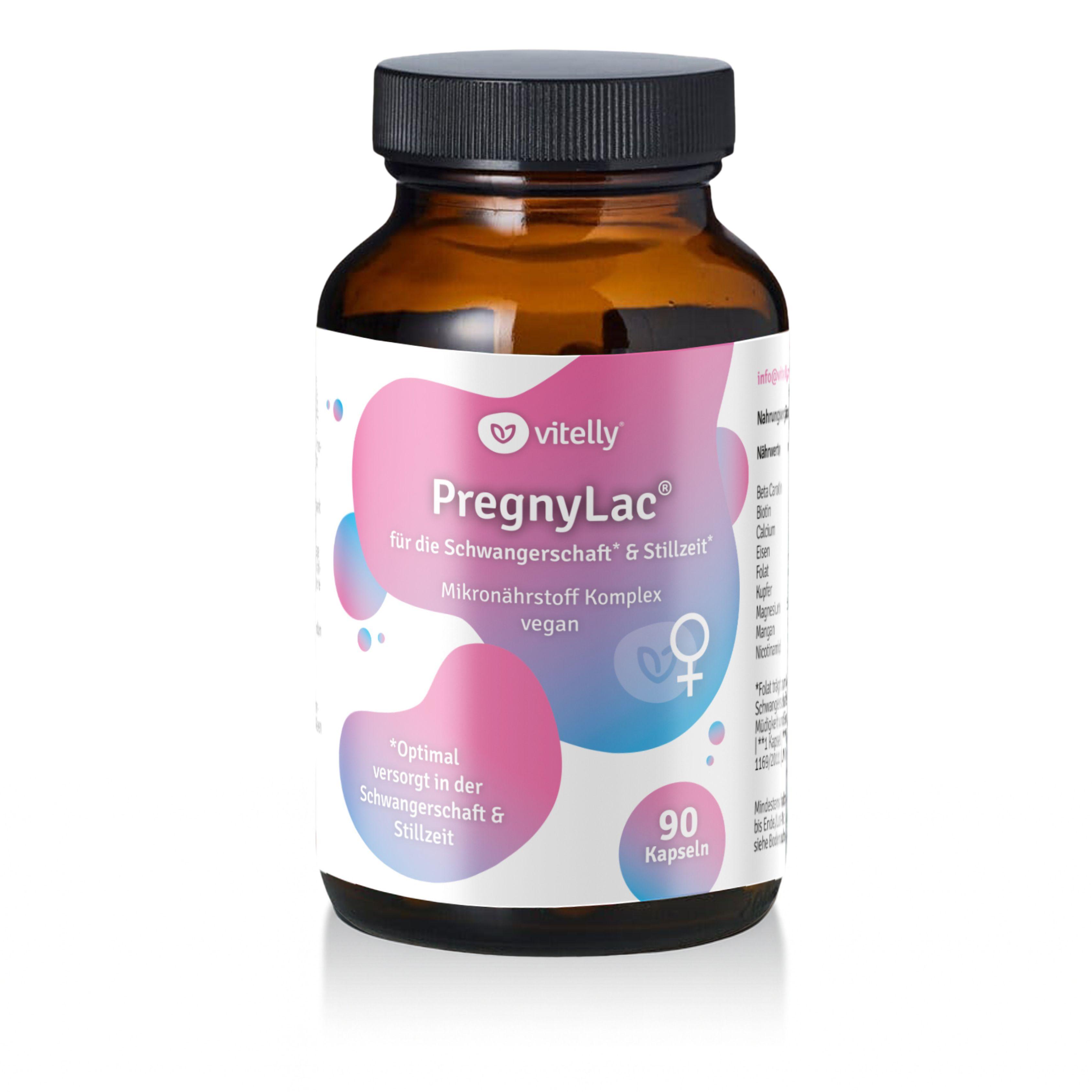 vitelly PregnyLac® Schwangerschaft Vitamine – 90 Kapseln – 19 Mikronährstoffe mit Folat, Eisen & Vitamin D3 – Schwangerschaft & Stillzeit