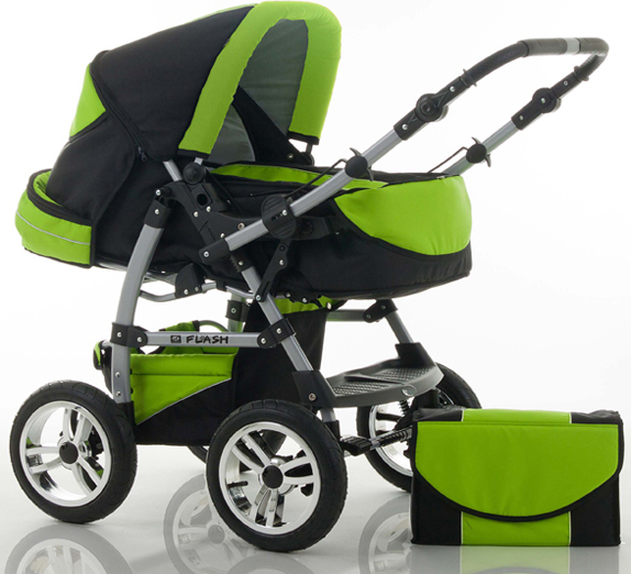 Kinderwagen-Set Flash 2 in 1 in Schwarz-Grün - 14 Teile - in 18 Farben erhältlich