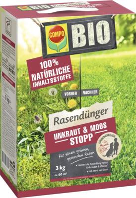Rasendünger Unkraut & Moos Stopp Compo 3 kg 60 m², organisch-mineralischer Dünger mit vorbeugender Wirkung gegen die Neubildung von Unkraut und Moos