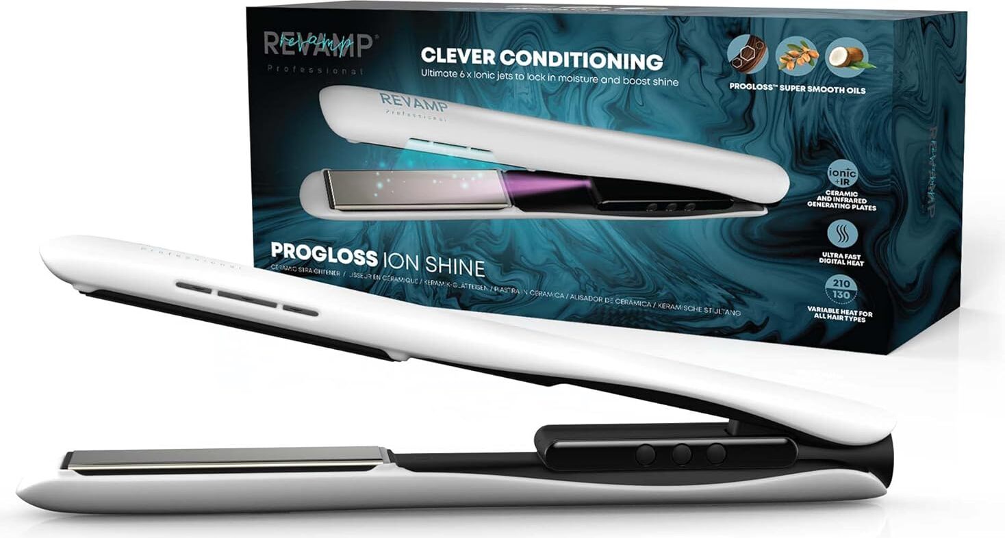 REVAMP Glätteisen Progloss Ion Shine Keramik mit Ionen-Technologie für jederzeit Keramik-Beschichtung, Mit drei digitalen Hitzestufen (130 °C, 210 °C) Argan