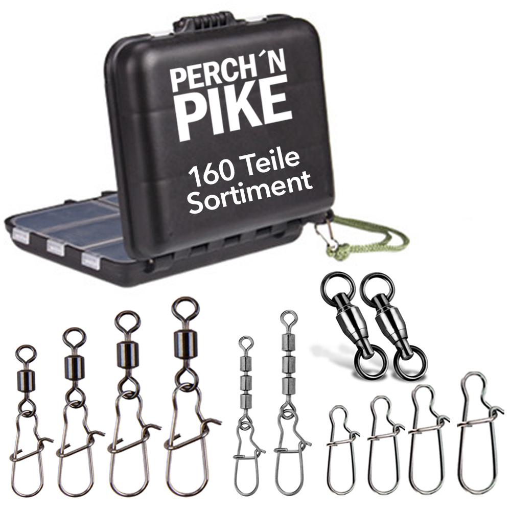 PERCH`N PIKE Angelzubehör Box mit Angelwirbel, Dreifachwirbel, Snaps und Kugellagerwirbel, Angelwirbelset zum Spinnfischen und Ansitzangeln 160 Teile PP100134