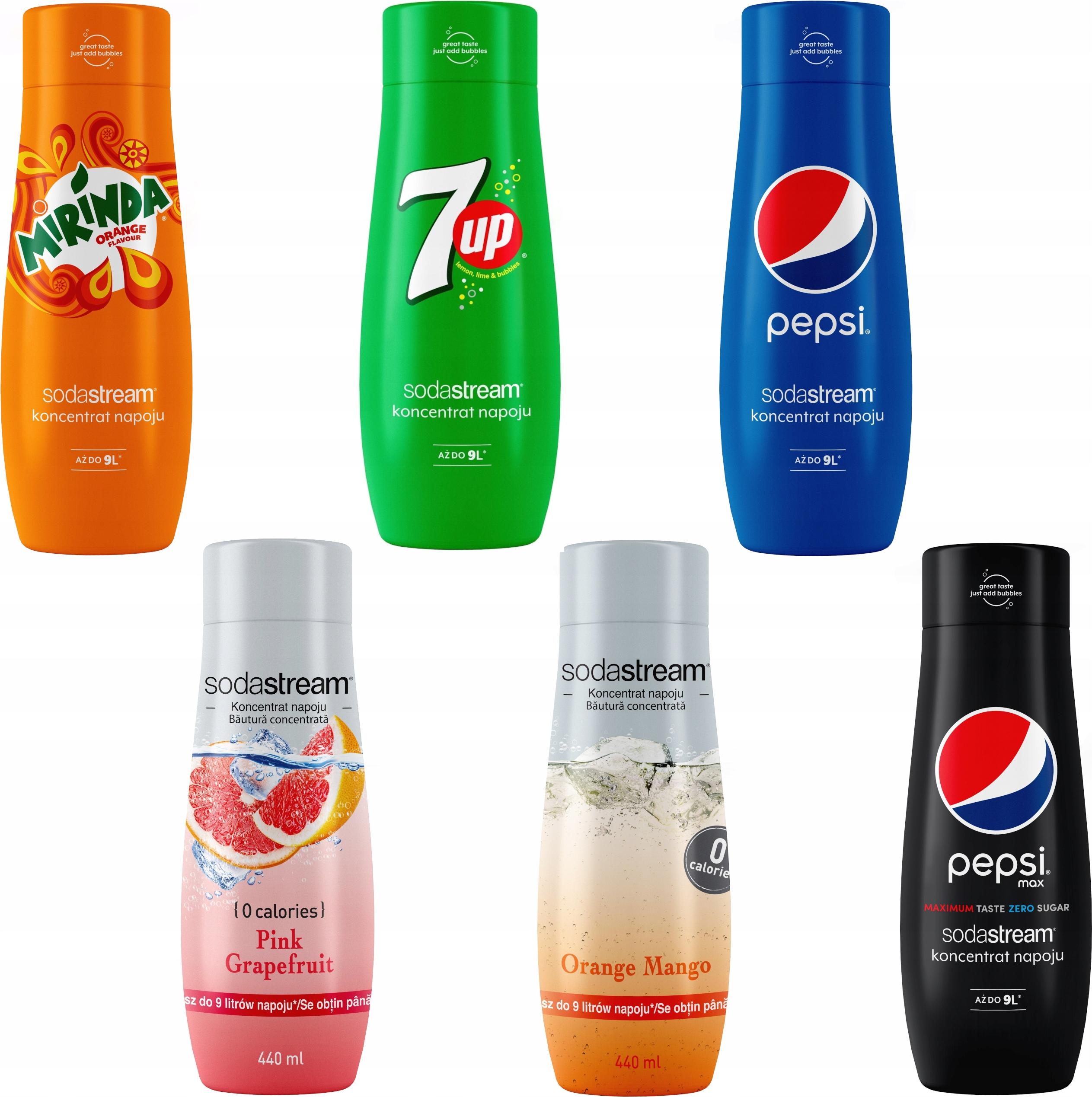 sada 6 koncentrátov SodaStream Pepsi+Mirinda+7UP+Grapefruit+Orange-Mango+Pepsi MAX