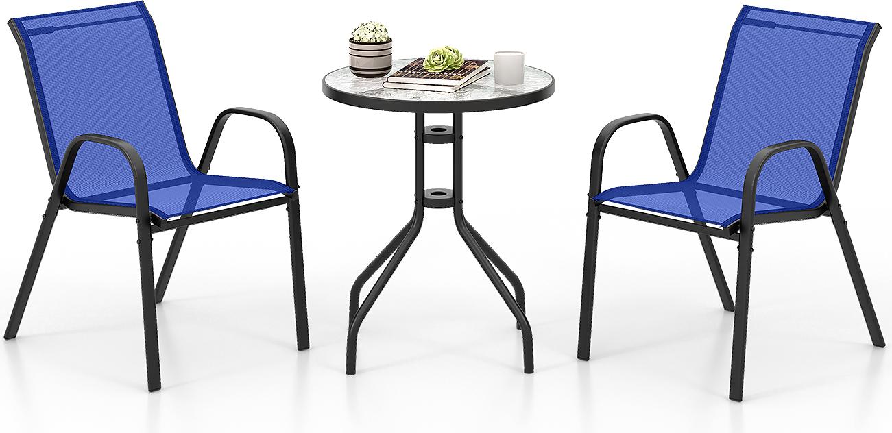COSTWAY 3-dielna súprava balkónového nábytku, bistro stôl s 2 stohovateľnými stoličkami, bistro súprava, záhradná súprava, záhradný set, záhradný nábytok, sedacia súprava, sedacia súprava modrá