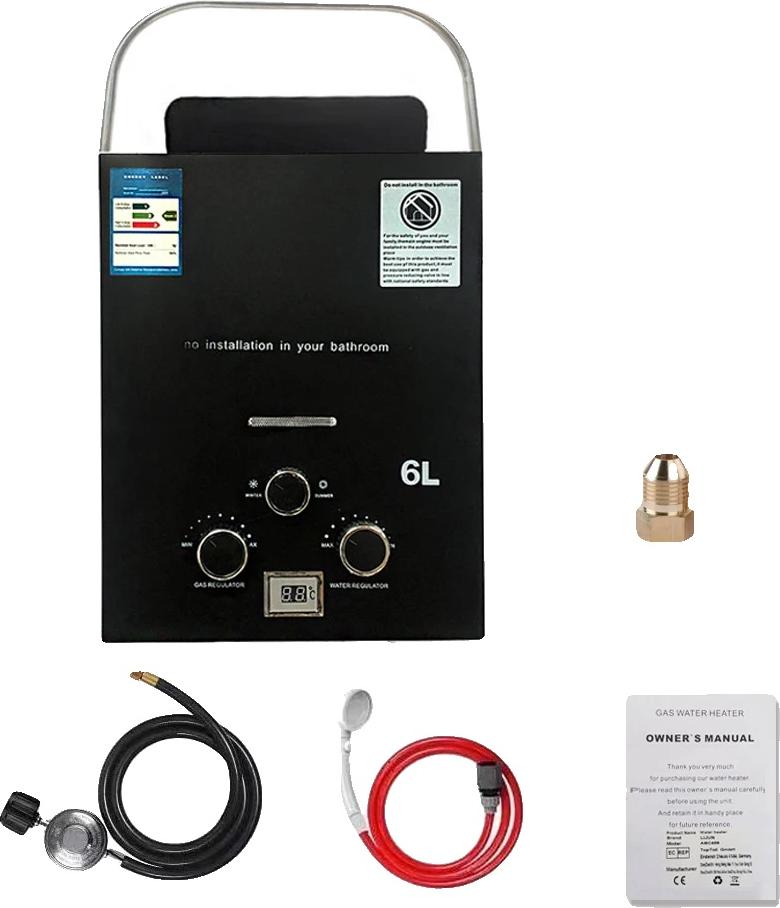 Plynový prietokový ohrievač vody, prietok teplej vody 6 litrov, batériové zapaľovanie, čierny