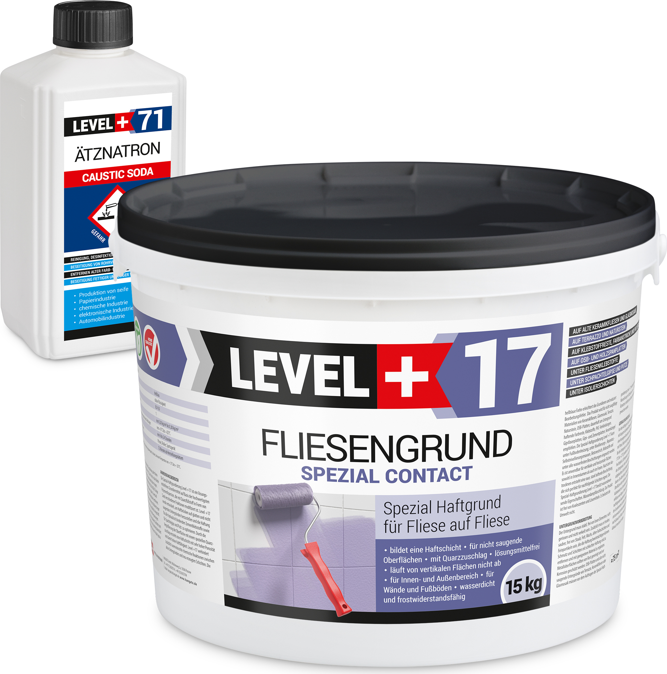 Hangato GmbH Fliesengrund 15kg Fliese auf Fliese Spezial-Haftgrund Quarzgrund Spezial Contact + Entfetter Reiniger Ätznatron 1kg LEVEL+ Set RM17 RM17_15_CS