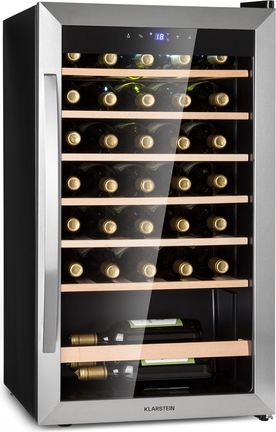 Klarstein Weinkühlschrank, Getränkekühlschrank Schmal, Kühlschrank mit Glastür, Getränkekühlschränke Freistehend, Weinkühlschrank Klein, Weinkühlschränke 1 Zone, LED-Beleuchtung, 4-18 °C, 36 Flaschen HEA3-Vinamour-32-uno