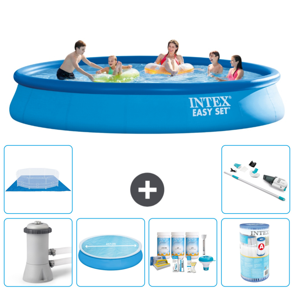 Okrúhly nafukovací bazén Intex Easy Set - 457 x 84 cm - modrý - vrátane markízy s čerpadlom - balík na údržbu - filter - podložka - vysávač