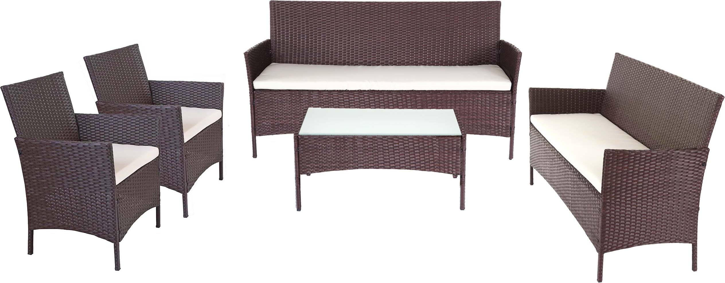 3-2-1-1 Poly-ratanová záhradná súprava Halden, Lounge Set Sofa ~ hnedá škvrnitá, vankúše krémové