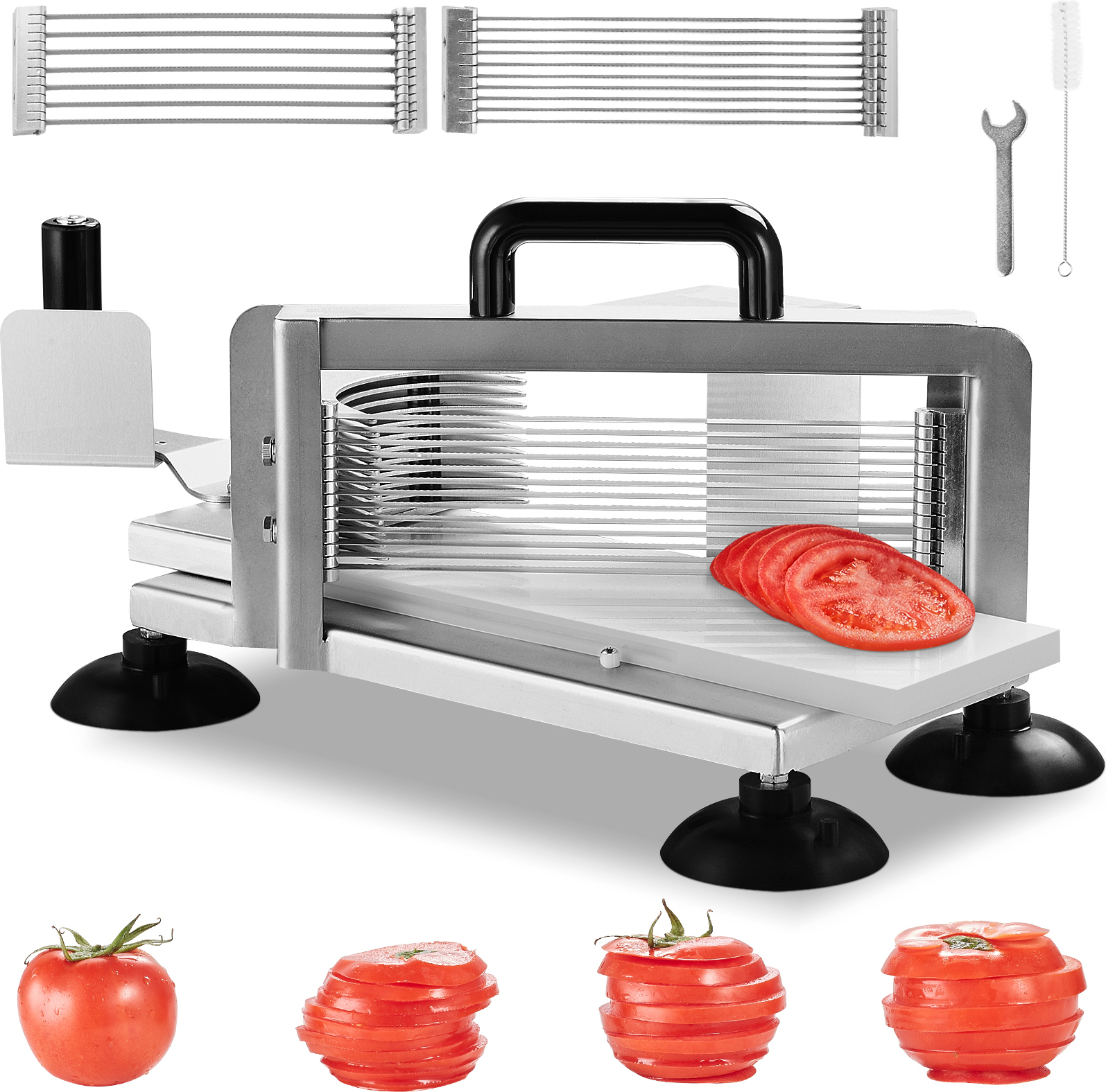 VEVOR Kommerzieller Tomatenschneider, 1/4"+3/8"+3/16" Tomatenschneider, Hochleistungs-Tomatenschneider aus Edelstahl, manueller Gemüseschneider, zum Schneiden von Tomaten, Gurken, Bananen usw. AY450-4