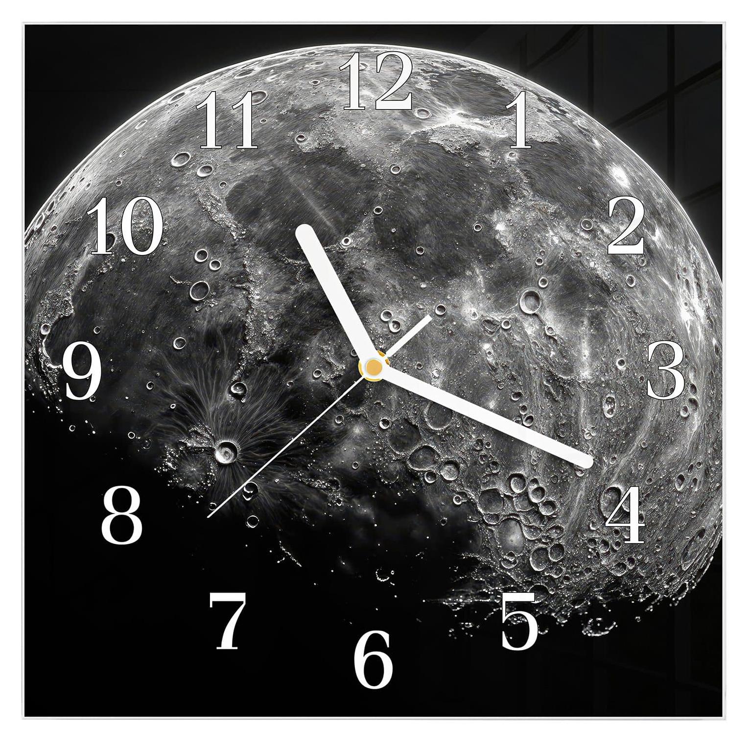 Primedeco Wanduhr aus Glas mit Motiv Mondkrater Close-up- 30 x 30 cm - inkl. Aufhängesystem