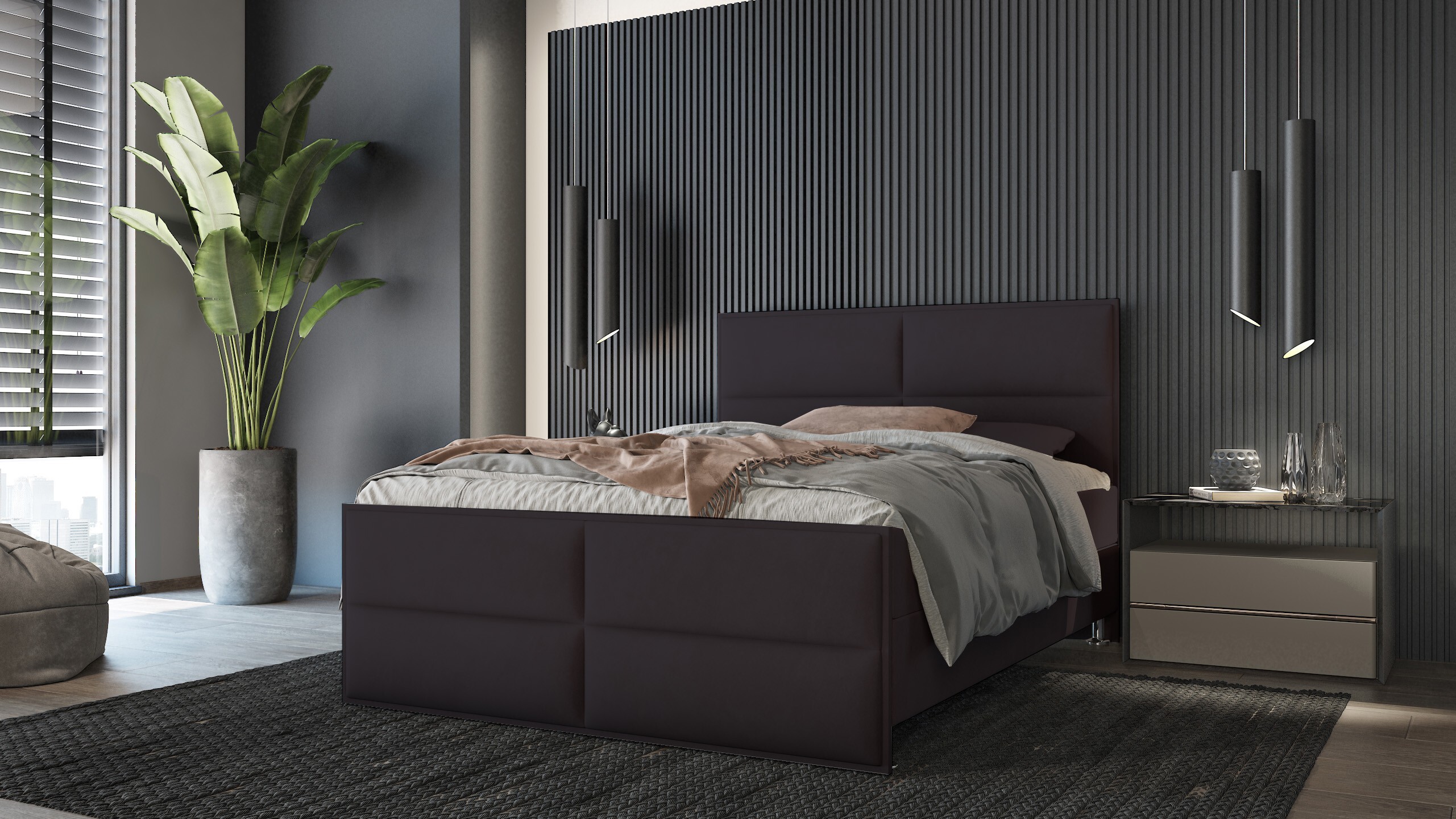 PREDAJ LEADER skriňová posteľ BERN 120x200 cm čalúnená posteľ s dvoma zásuvkami, kompletná súprava s matracom a topperom (4 cm), hnedá, posteľná látka ELEMENT 25