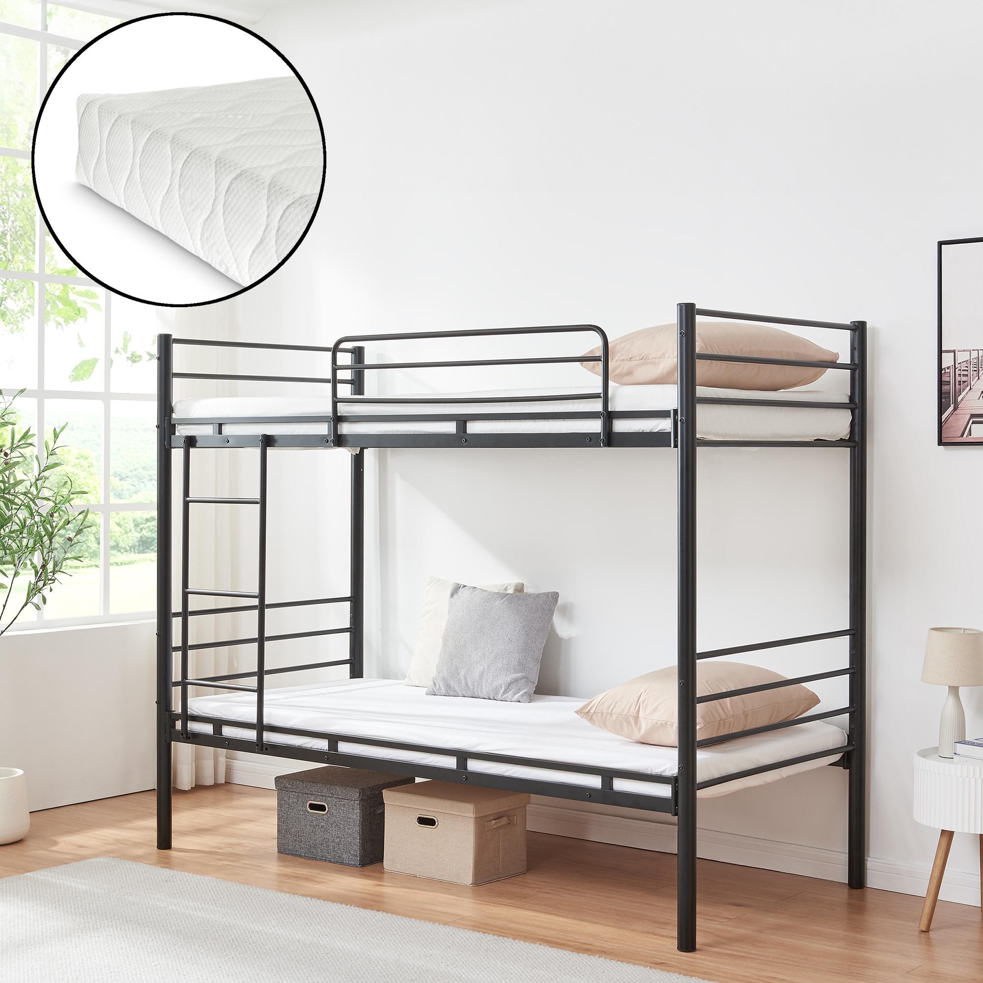 en.casa Metall Etagenbett 'Bevapis' Hochbett mit 2 Matratzen Rausfallschutz und Leiter 90 x 200 cm Schwarz