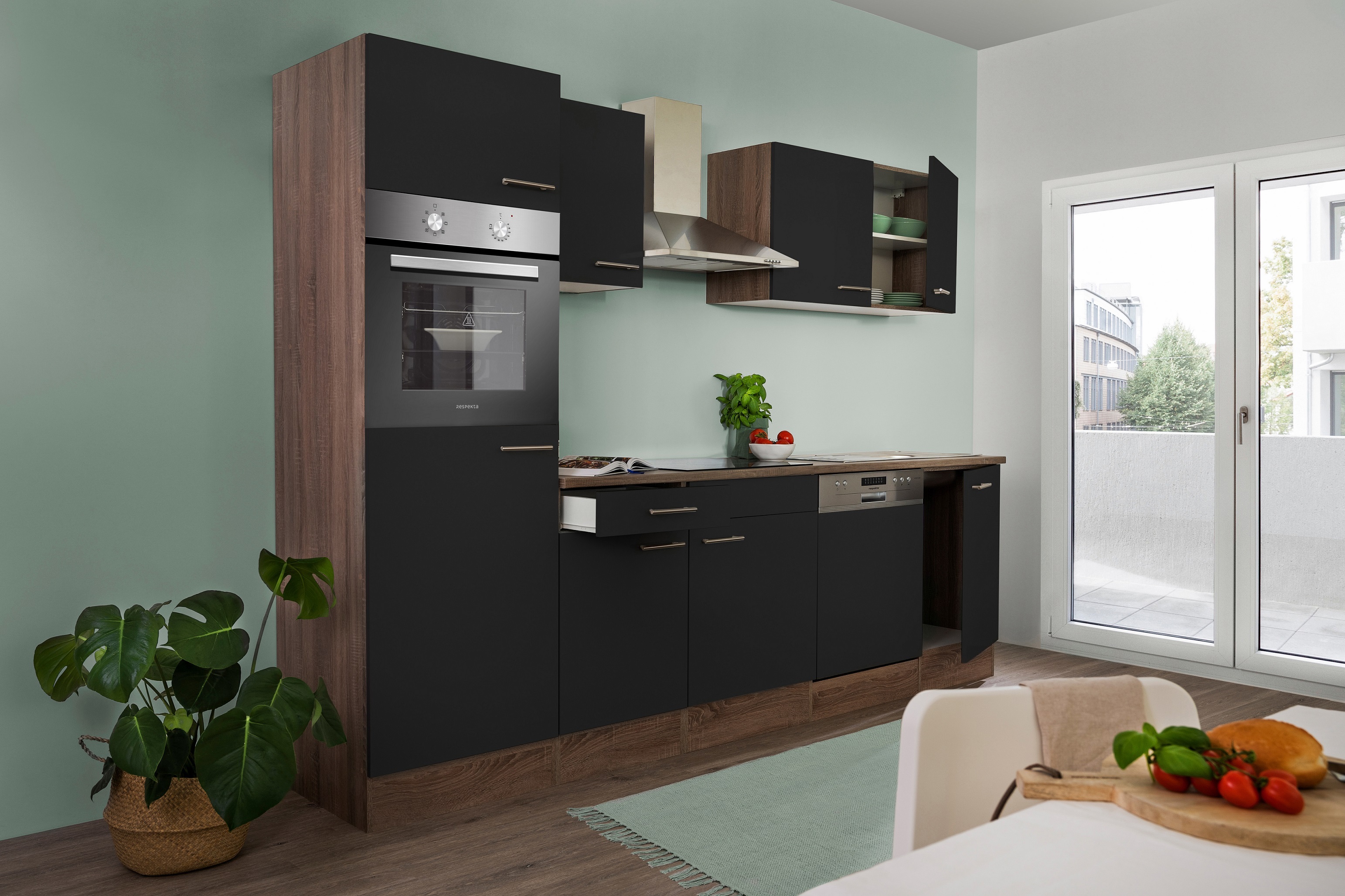 Küche Küchenzeile Küchenblock Eiche York Schwarz Oliver 280 cm Respekta KB280EYS