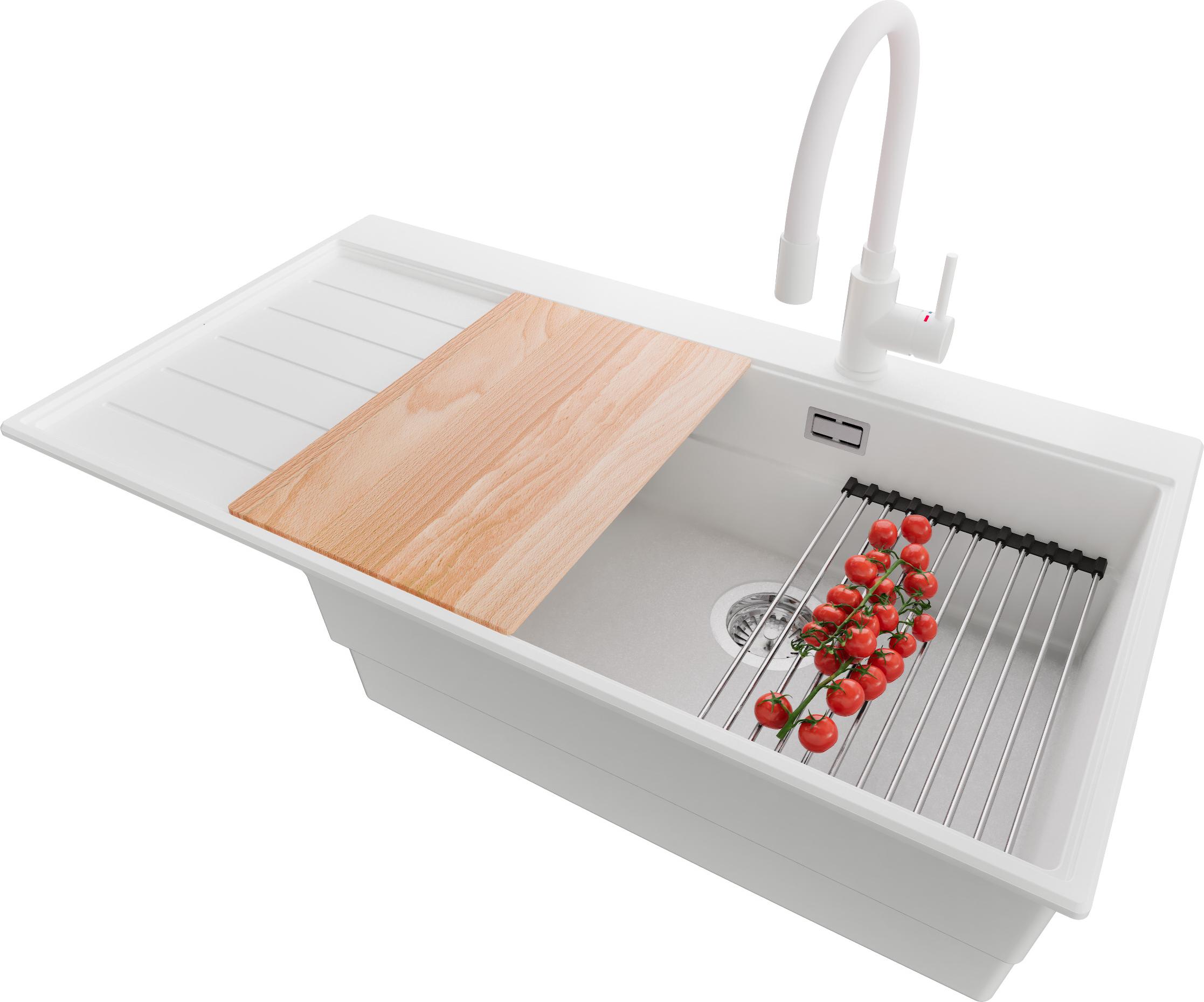 PRIMAGRAN Granitspüle Weiß 90x50cm, Spülbecken 1 Becken + Küchenarmatur 38x14cm + Ablauf-Set + Küchenzubehörset, Küchenspüle ab 60er Unterschrank - Sydney