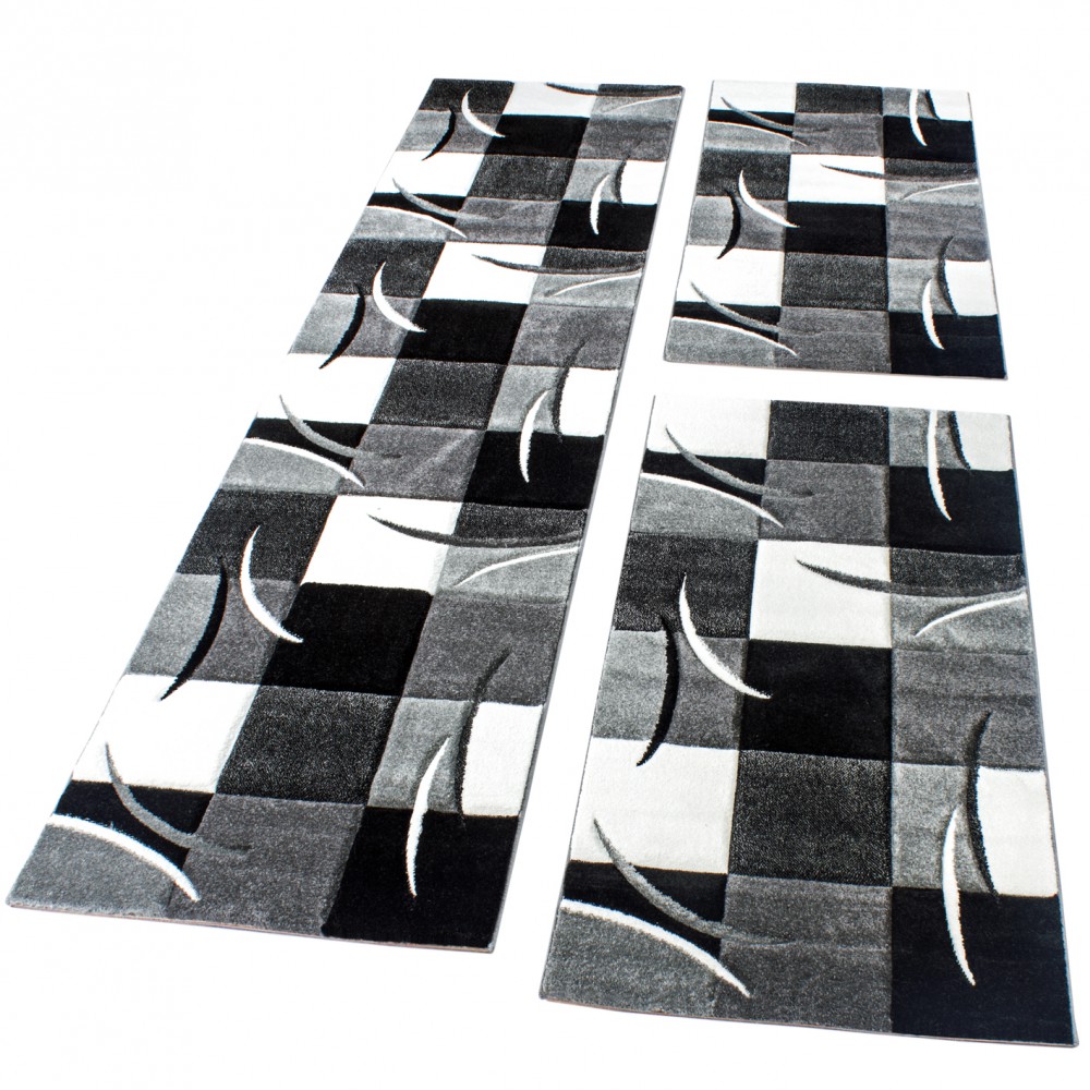 Bettumrandung Läufer Set Teppich Modern kariert Muster 3 Teilig Schwarz Grau Wei 